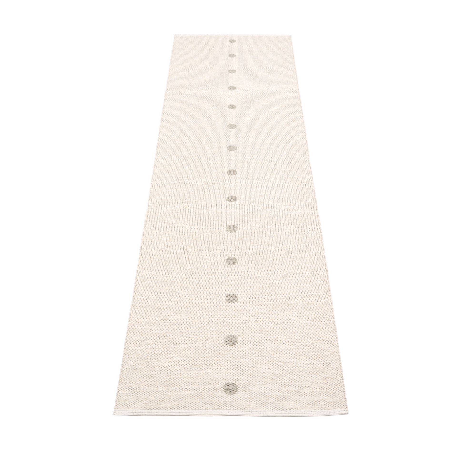 Beiger Kunststoffteppich von Pappelina, Modell Peg, mit grauen Punkten, Größe 70x280 cm.