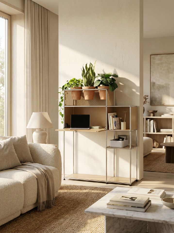 Home Office mit Pflanzenelement USM Haller Grün