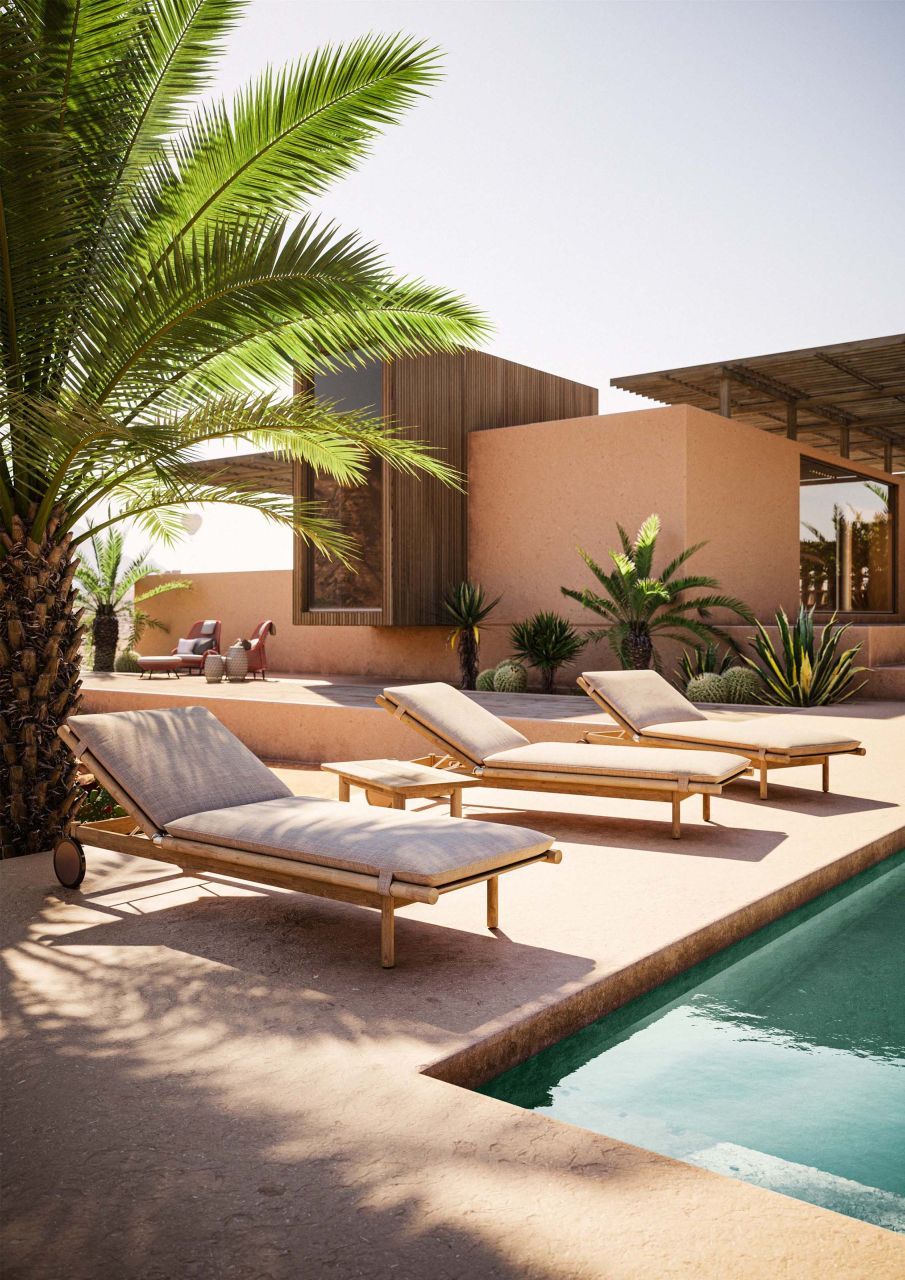 Drei Dedon Tibbo Sonnenliegen mit Polster am Pool, moderne Gartenmöbel im mediterranen Stil.