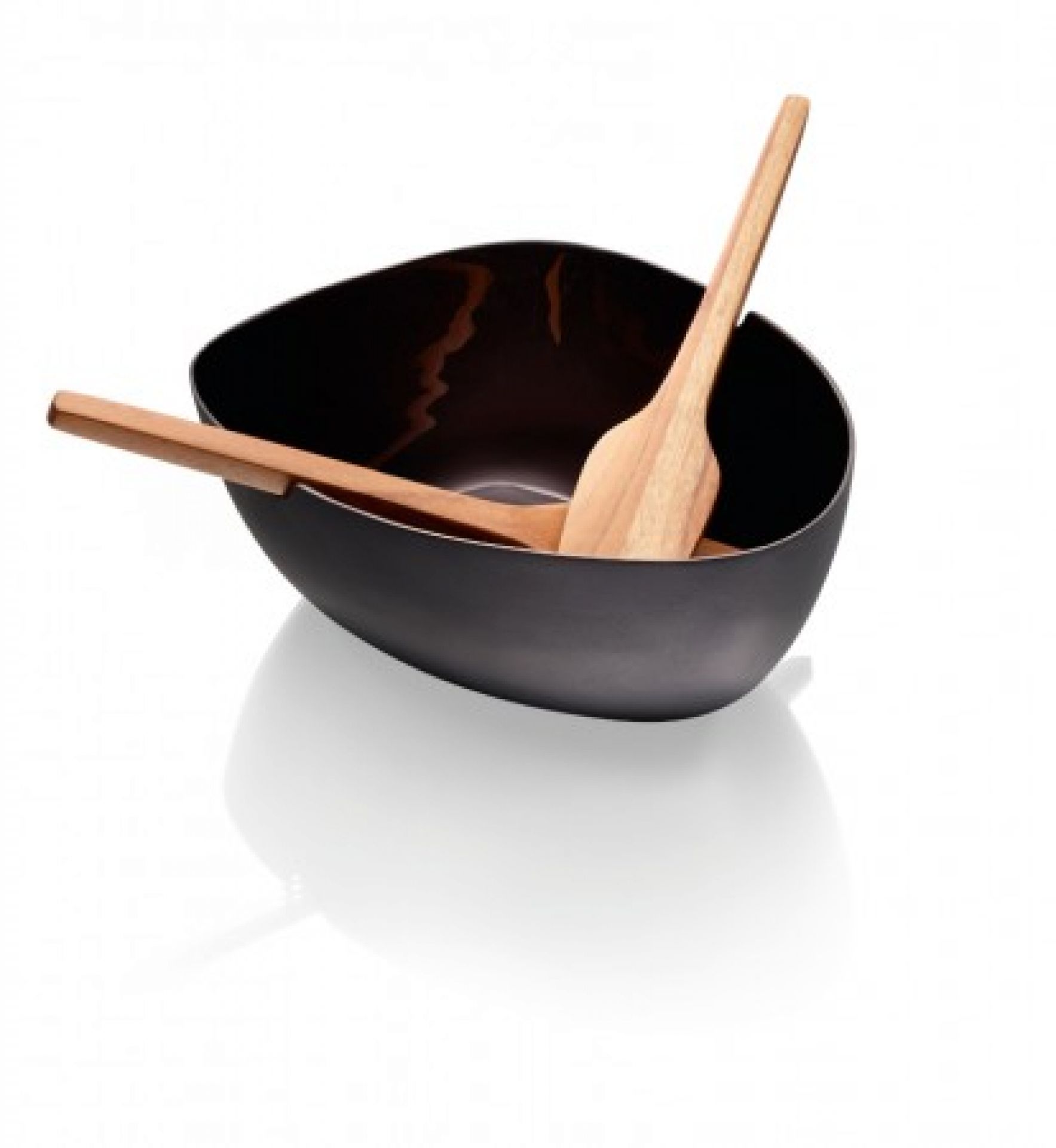 Schwarze Boat Salatschale mit Holz-Besteck, modernes Design für Salate und Speisen.