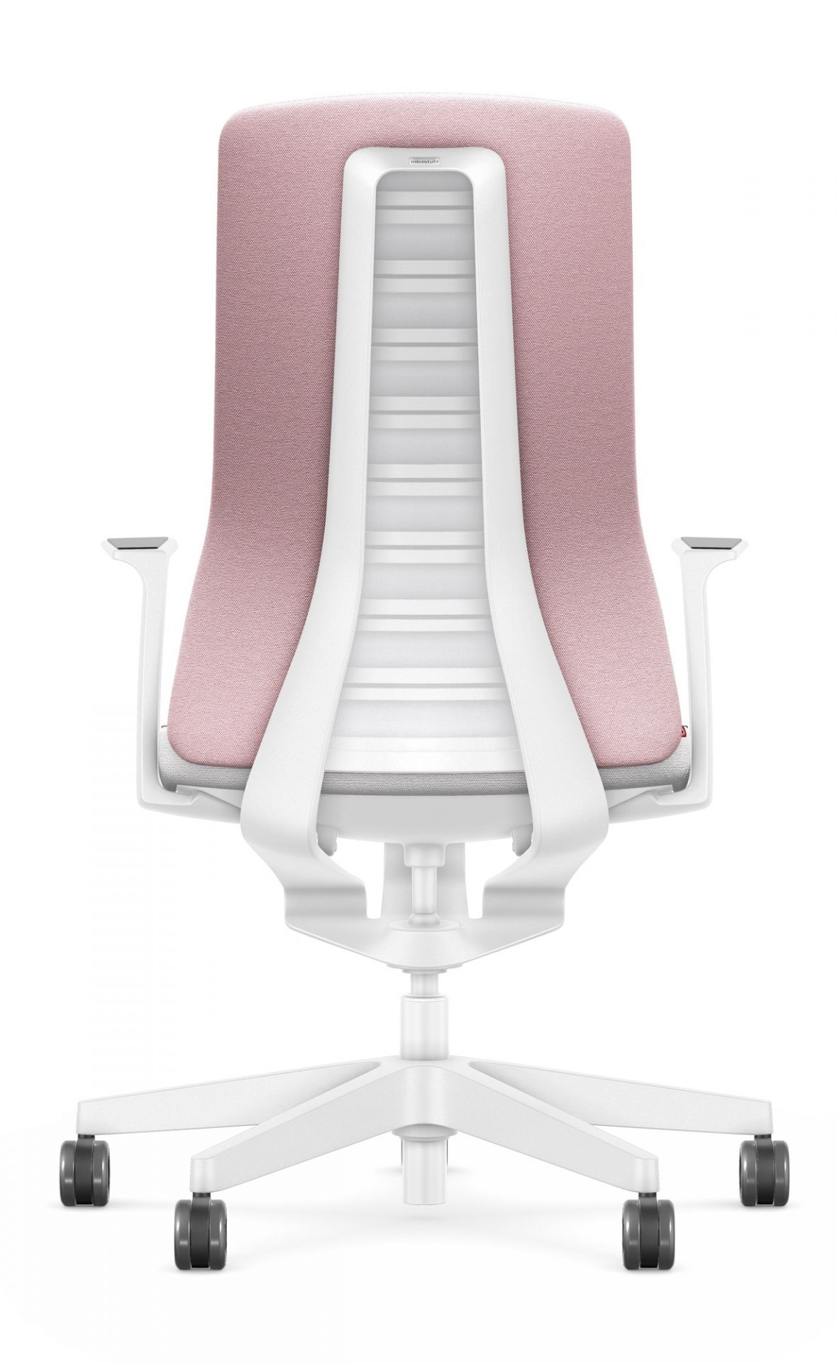 Rückansicht des Interstuhl Bürodrehstuhls Pure Edition Interior in Rosa mit weißem Gestell.