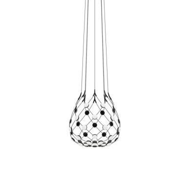 D86 Mesh Deckenleuchte von Luceplan: Hängende Designlampe mit schwarzem Netz und weißen/schwarzen Kugeln.