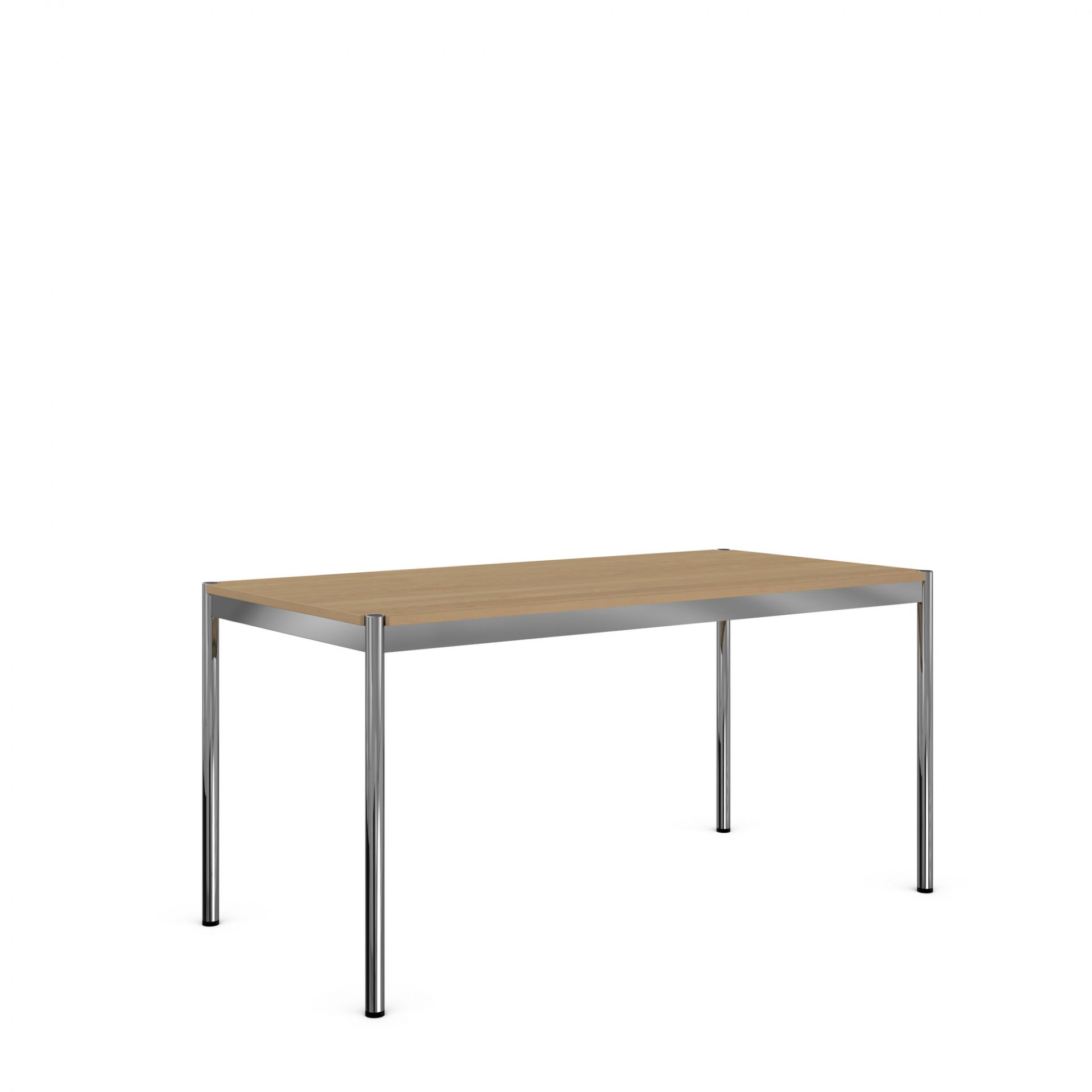 USM Haller Tisch mit Eichenfurnier und verchromtem Gestell, modernes Design für Büro und Wohnbereich.