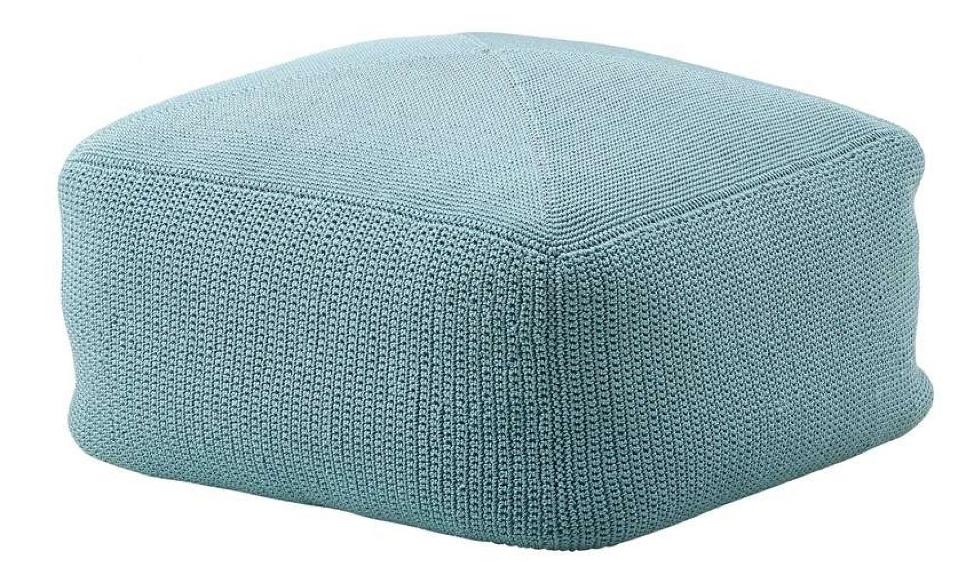 Blauer, quadratischer Divine Outdoor Hocker von Cane-Line mit Strickmuster für Garten und Terrasse.