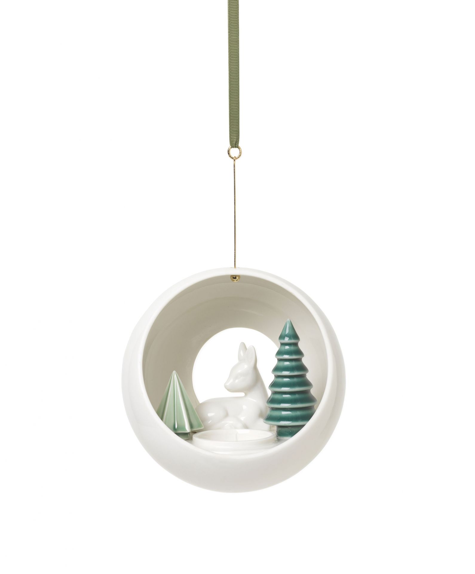 Winter Stories Rehkitz Teelichthalter zum Hängen: Weißer Keramik-Anhänger mit Rehkitz und Tannenbäumen für stimmungsvolle Winterdeko.