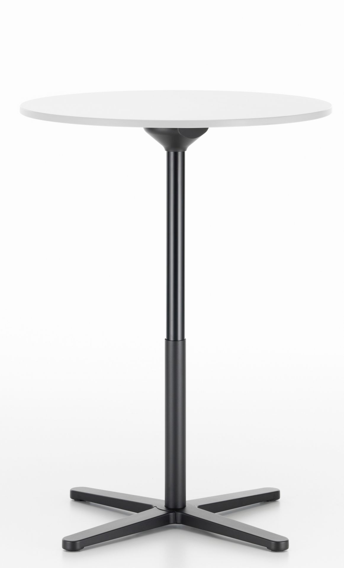 Weißer, runder Vitra Stehtisch "Super Fold Table High" mit schwarzem Fuß. Faltbarer Bistrotisch.