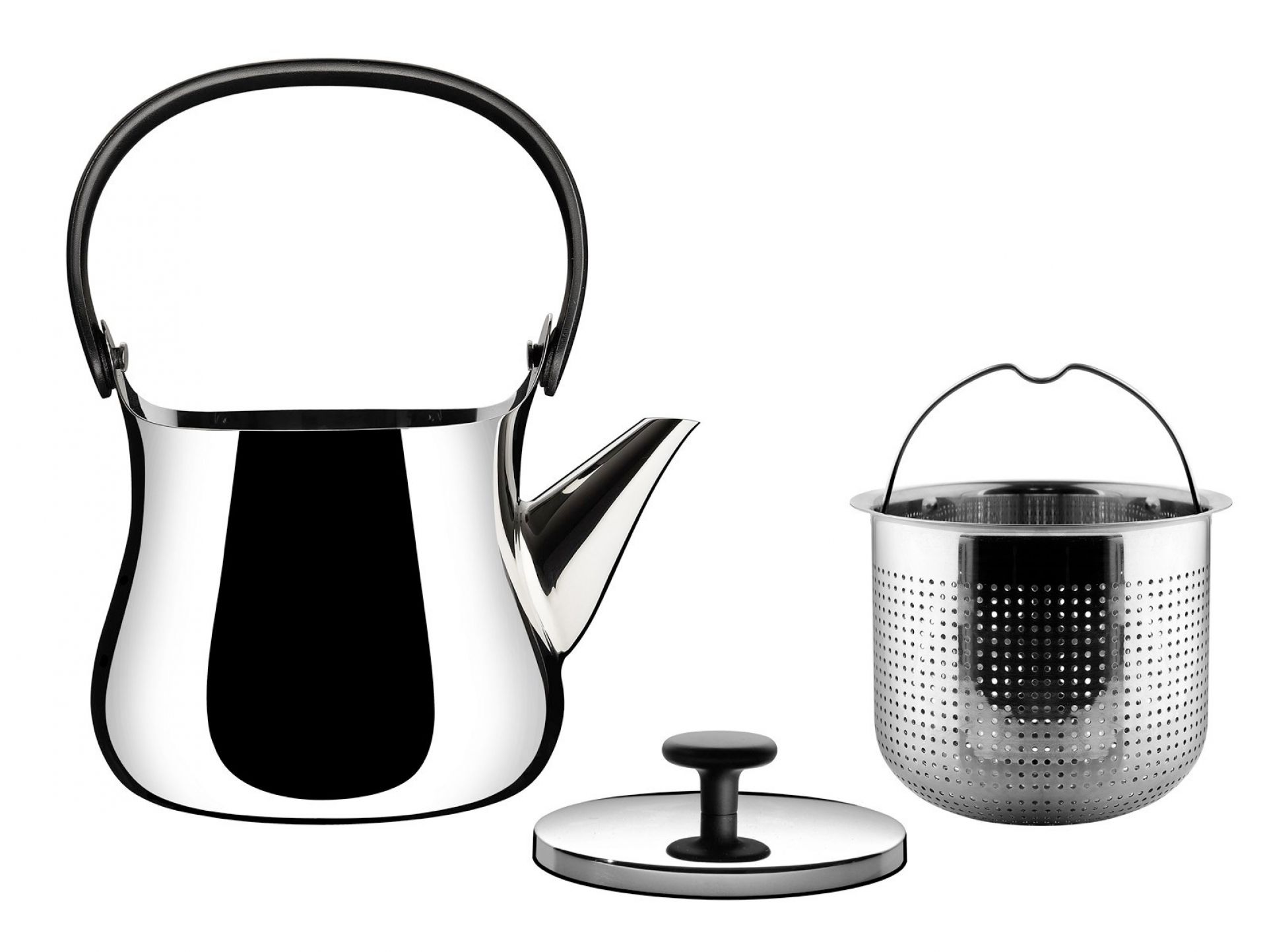 Alessi Cha Teekanne mit Teesieb und Deckel aus poliertem Edelstahl.