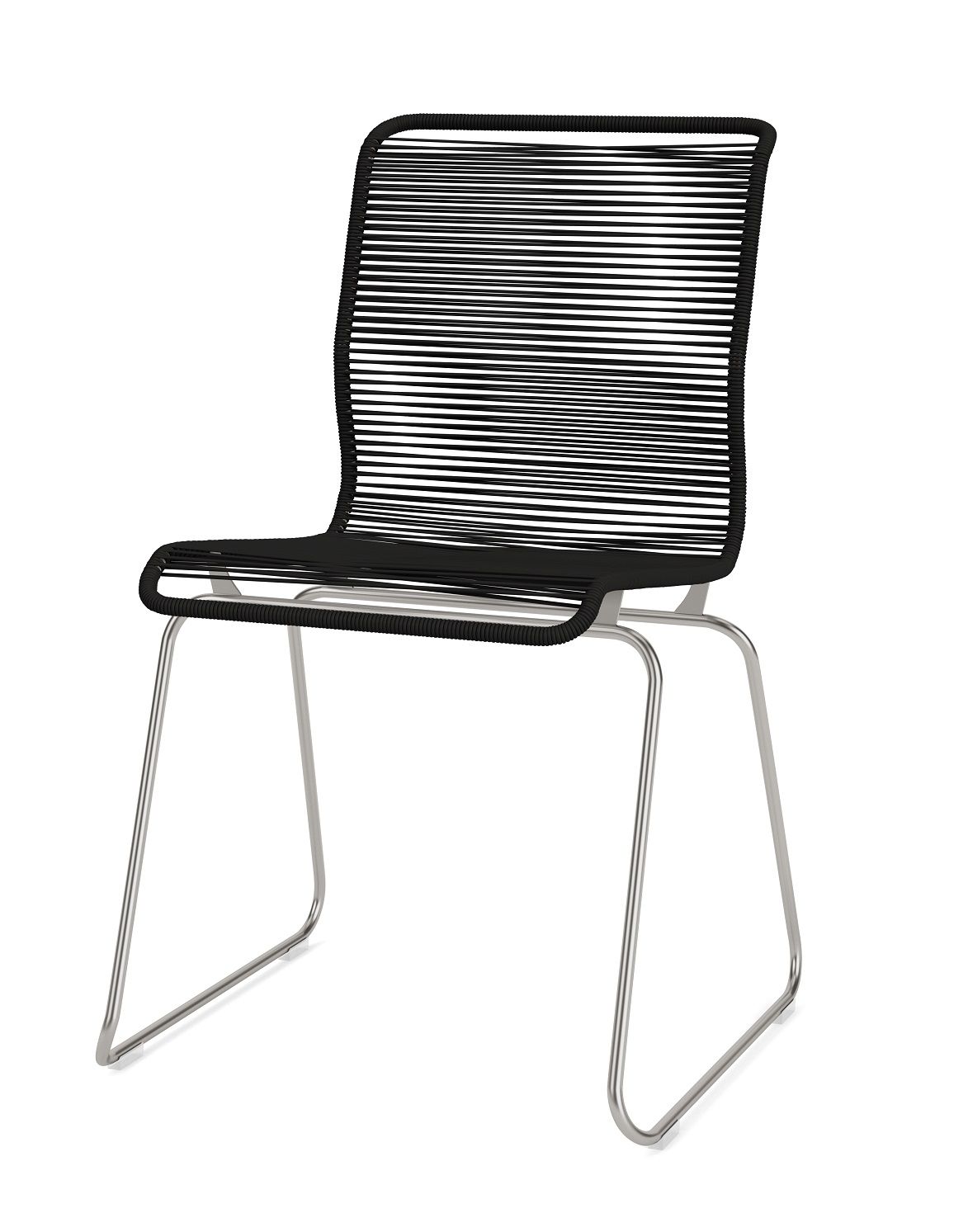 Panton One Dining Stuhl Outdoor mit schwarzer Schnur und Edelstahlgestell, Ansicht von vorn.