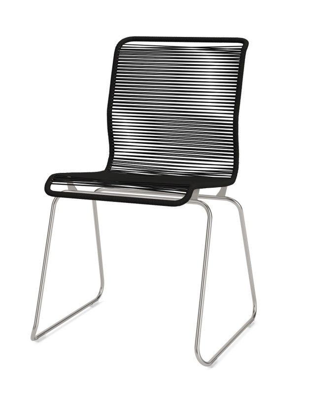 Panton One Dining Stuhl Outdoor mit schwarzer Schnur und Edelstahlgestell, Ansicht von vorn.