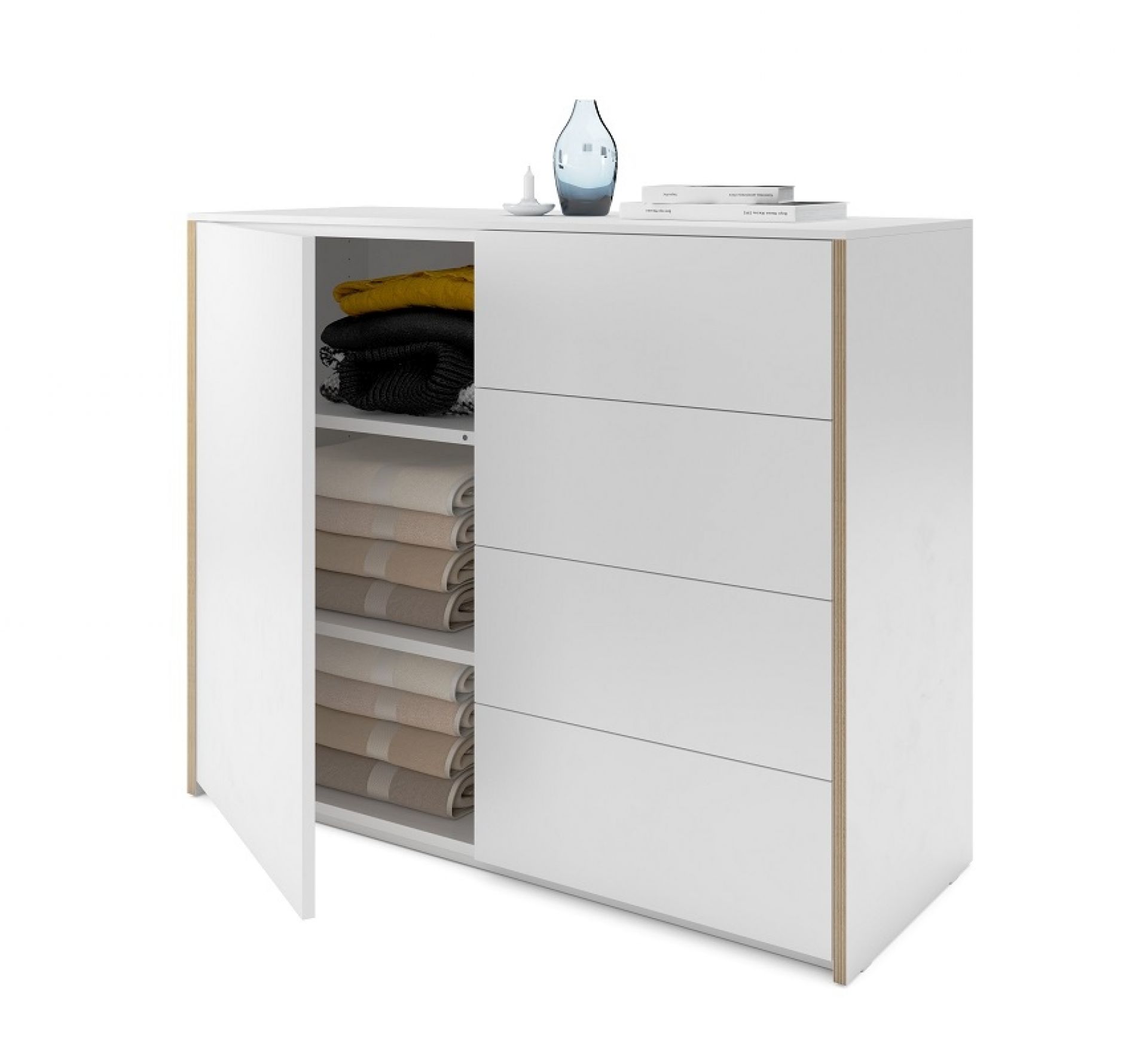 Weisse Modular Plus Kommode von Müller Möbelwerkstätten mit offener Tür links.