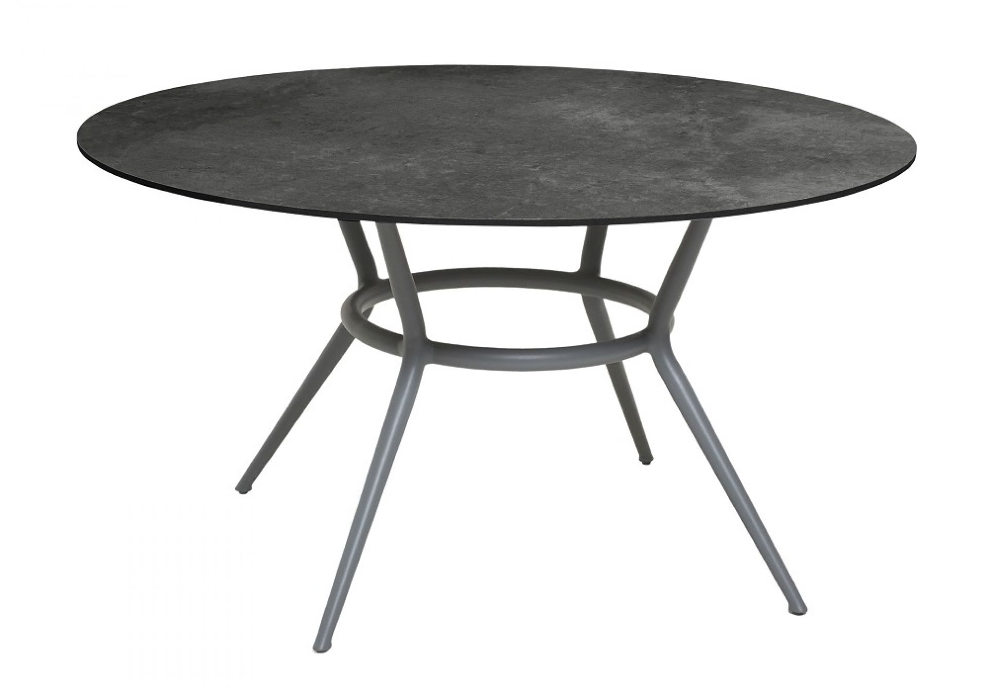 Joy Outdoor Esstisch, rund, hellgraues Gestell, dunkle Kompaktlaminat-Tischplatte. Moderner Gartentisch für Terrasse und Balkon.