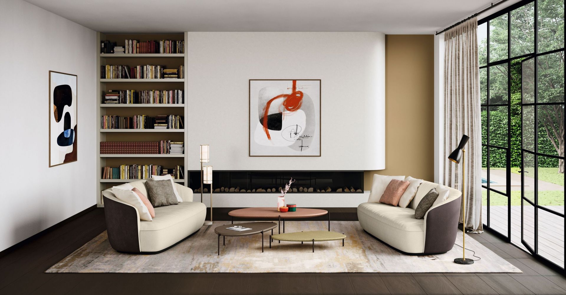 Wohnzimmer mit zwei Ishino Sofas von Walter Knoll, Couchtischen und Bücherregal.
