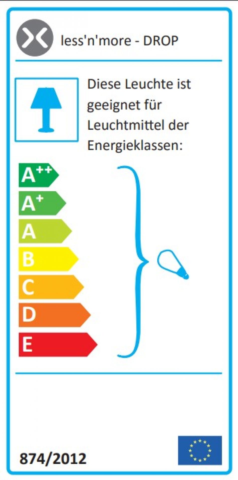 Energieeffizienzlabel der Liquid Light Drop Leuchte 1L Next: Geeignet für Leuchtmittel der Energieklassen A++ bis E.