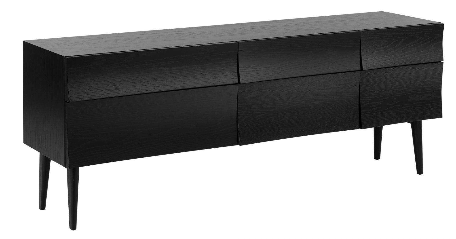 Schwarzes Muuto Reflect Sideboard Large aus Holz mit vier Türen und schrägen Beinen.