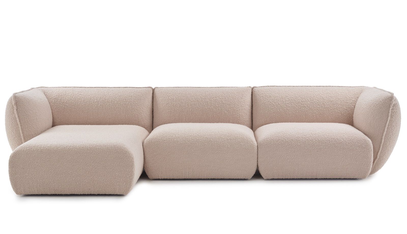 Beige Mia Modular Sofa mit Ottomane von Freifrau Manufaktur, modernes Wohnzimmer Sofa mit Bouclé-Bezug.