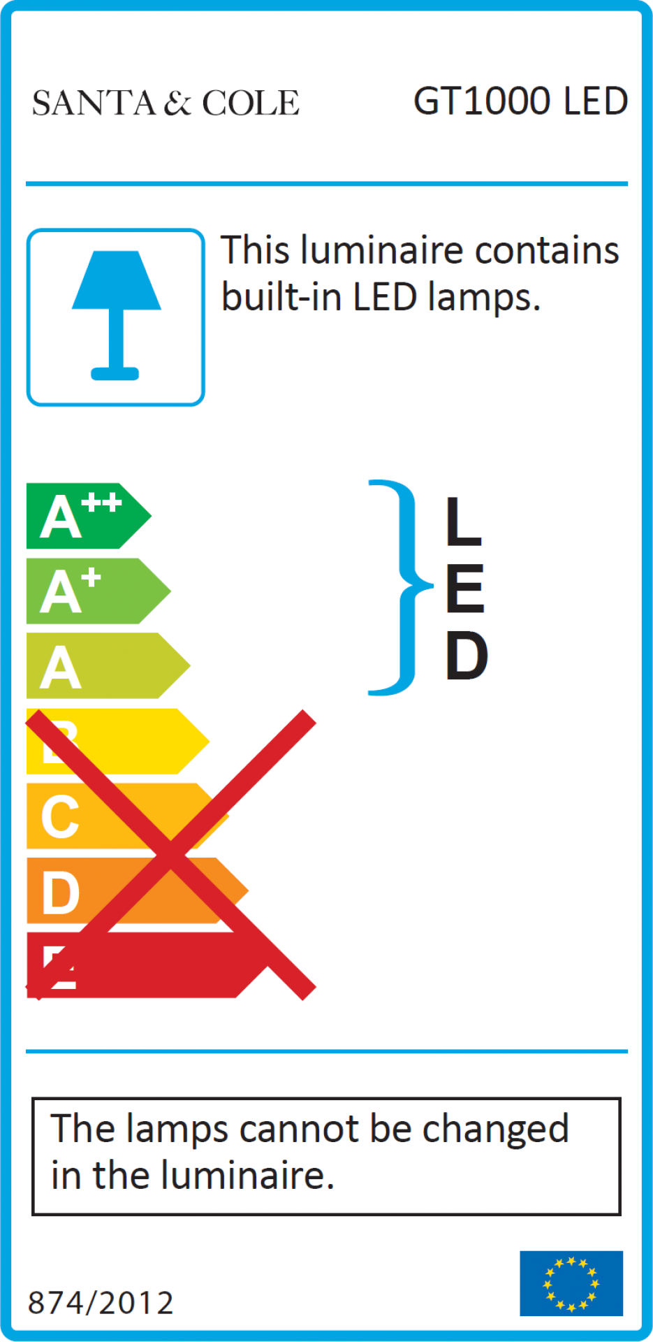 Energielabel der GT1000 LED Pendelleuchte von Santa & Cole mit integrierten LED-Lampen.
