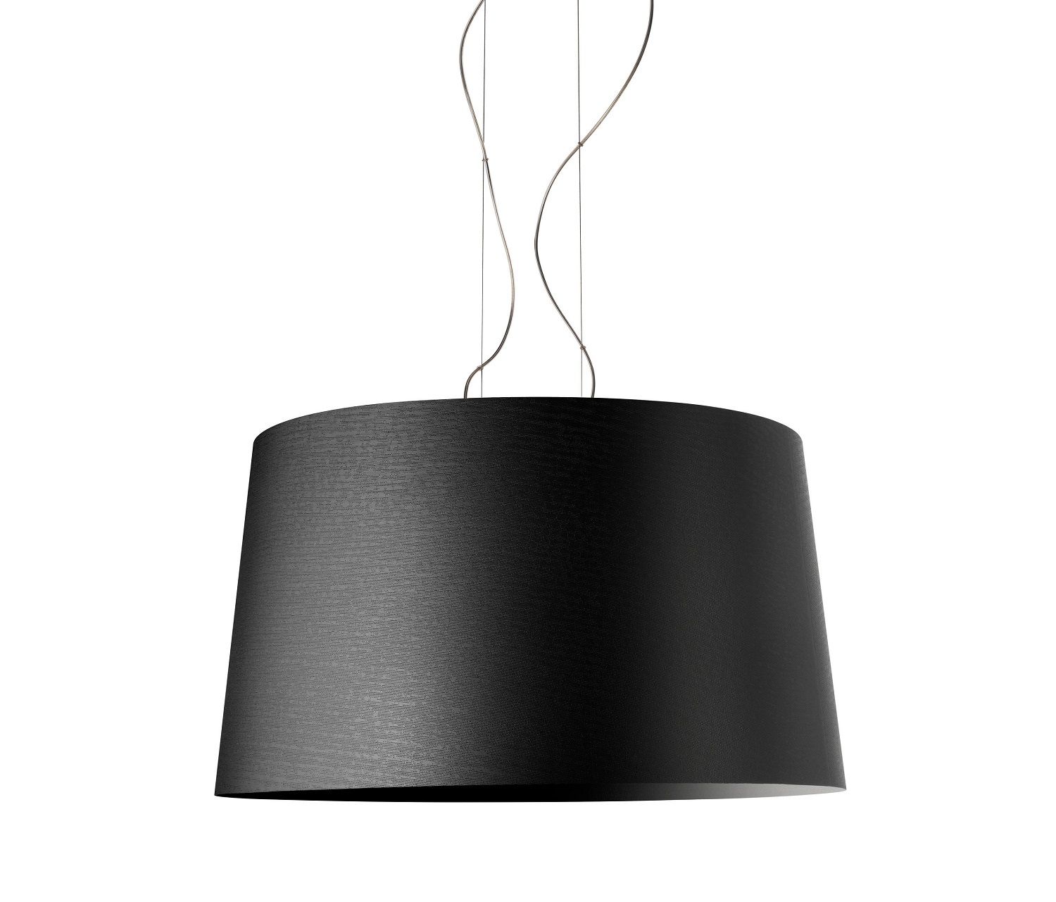 Schwarze Twice as Twiggy Pendelleuchte von Foscarini, moderne Hängelampe mit großem Lampenschirm und filigranen Aufhängungsseilen.