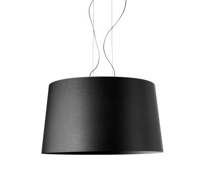 Schwarze Twice as Twiggy Pendelleuchte von Foscarini, moderne Hängelampe mit großem Lampenschirm und filigranen Aufhängungsseilen.