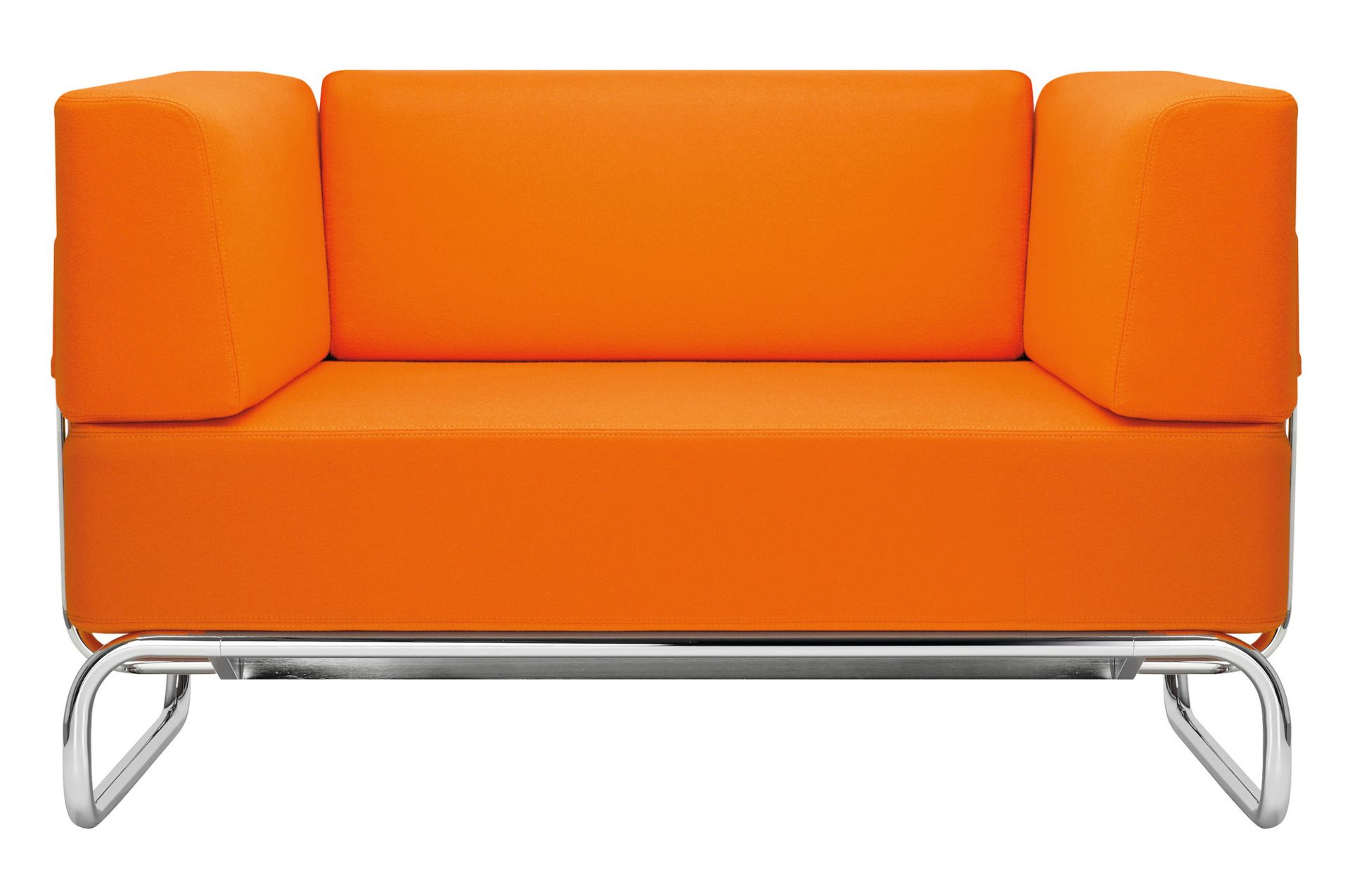 Orangefarbenes Thonet S 5200 Polsterteil mit hohem Rücken und verchromtem Stahlrohrgestell. Modernes Sofa für Wohnzimmer.