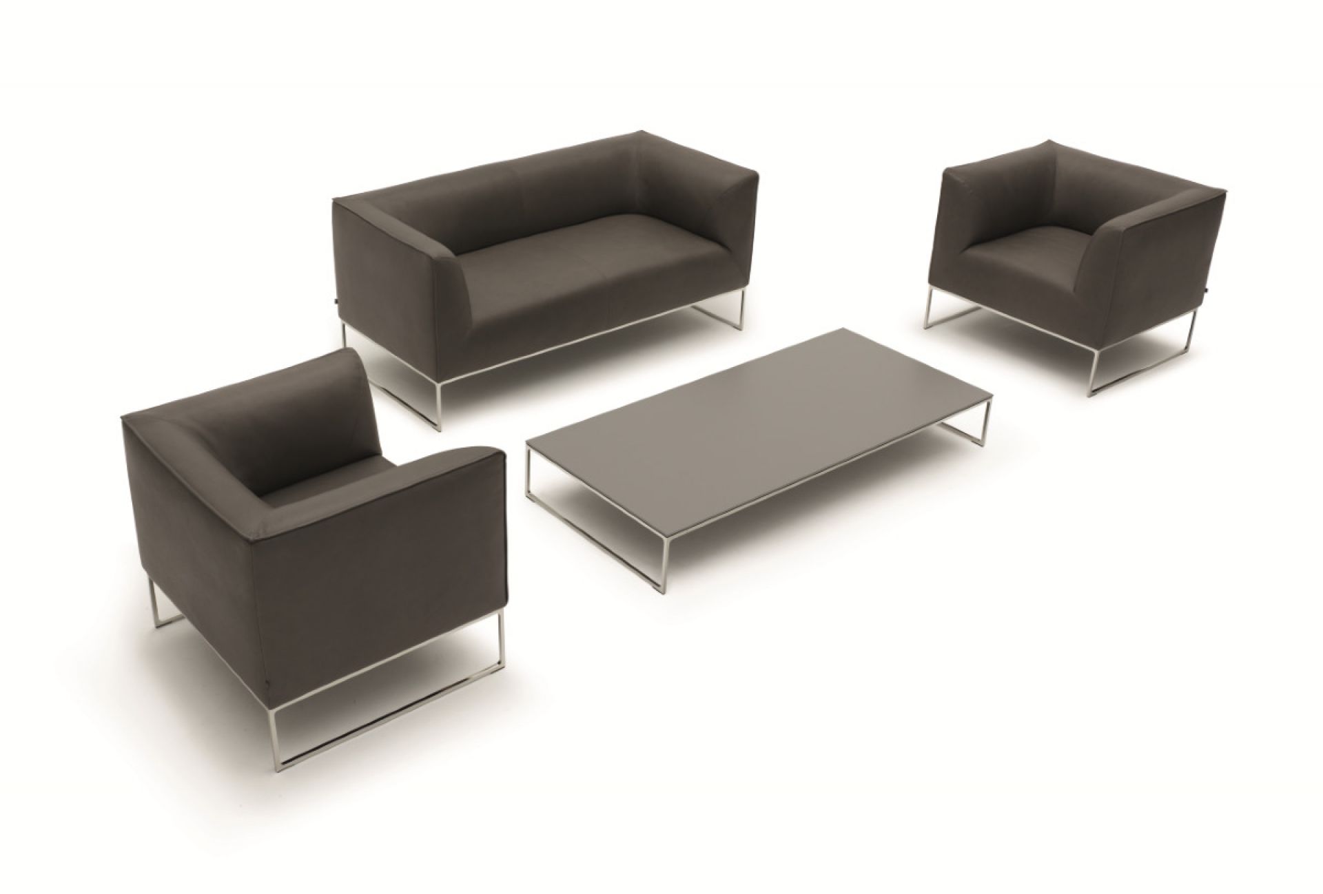 Mell Couchtisch, Sofa und Sessel in Grau mit filigranem Metallgestell, moderne Wohnzimmermöbel.