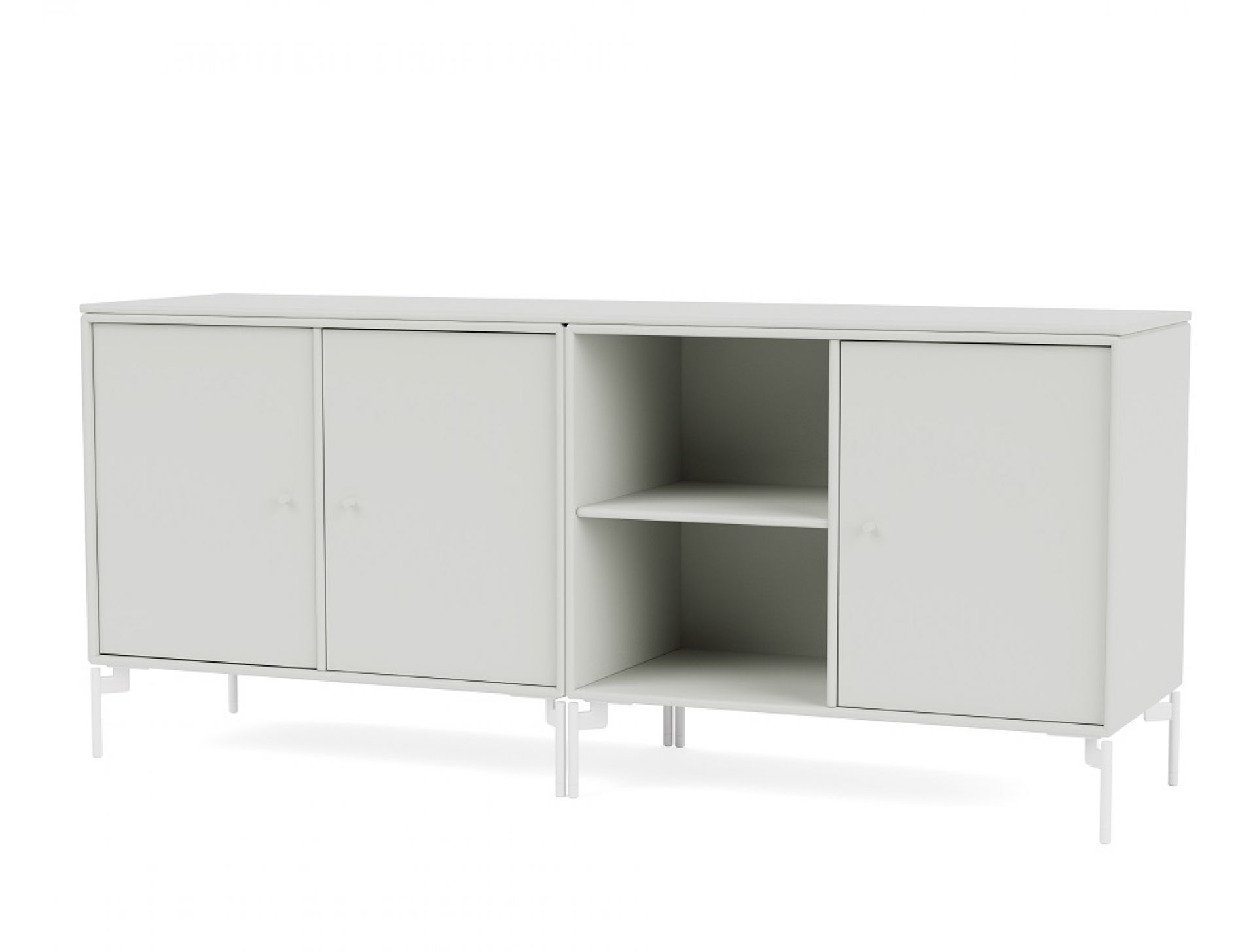 Weißes Montana Sideboard "Save Low A" mit Türen und offenen Fächern, modernes Möbelstück.