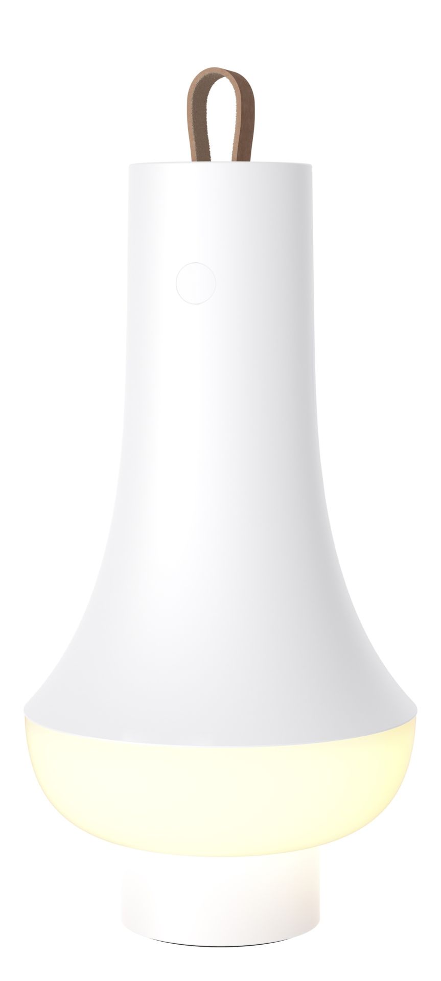 Tomoshi Akkuleuchte von Louis Poulsen, weiße Tischleuchte mit Ledergriff und warmem Lichtschein.