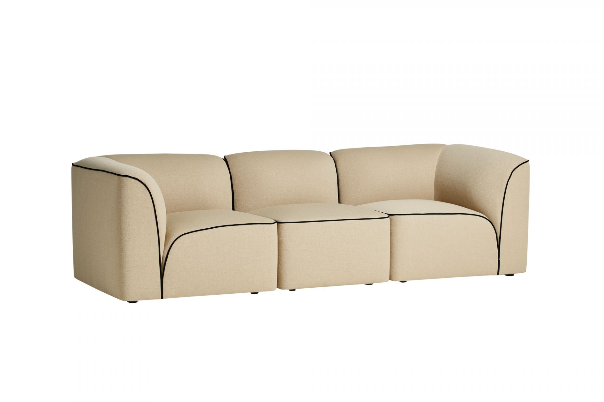 Beige Flora Modul-Sofa von Woud mit schwarzer Paspelierung, modernes Design für Wohnzimmer und Lounge.