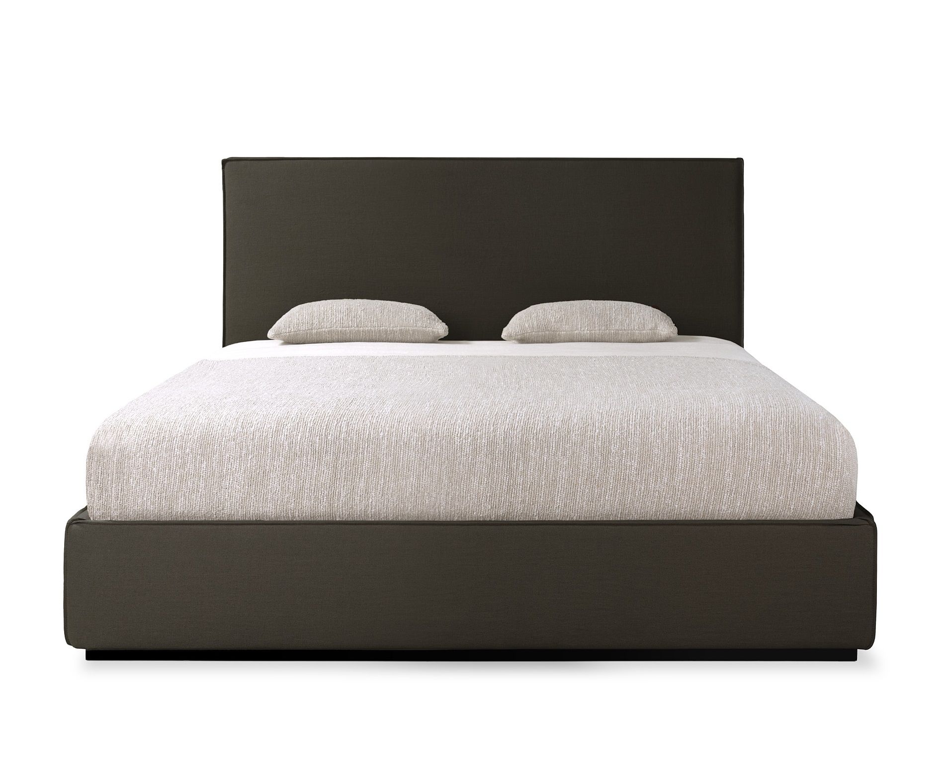 Ethnicraft Revive Bett mit abnehmbarem Bezug, dunkelbrauner Rahmen und zwei Kissen.