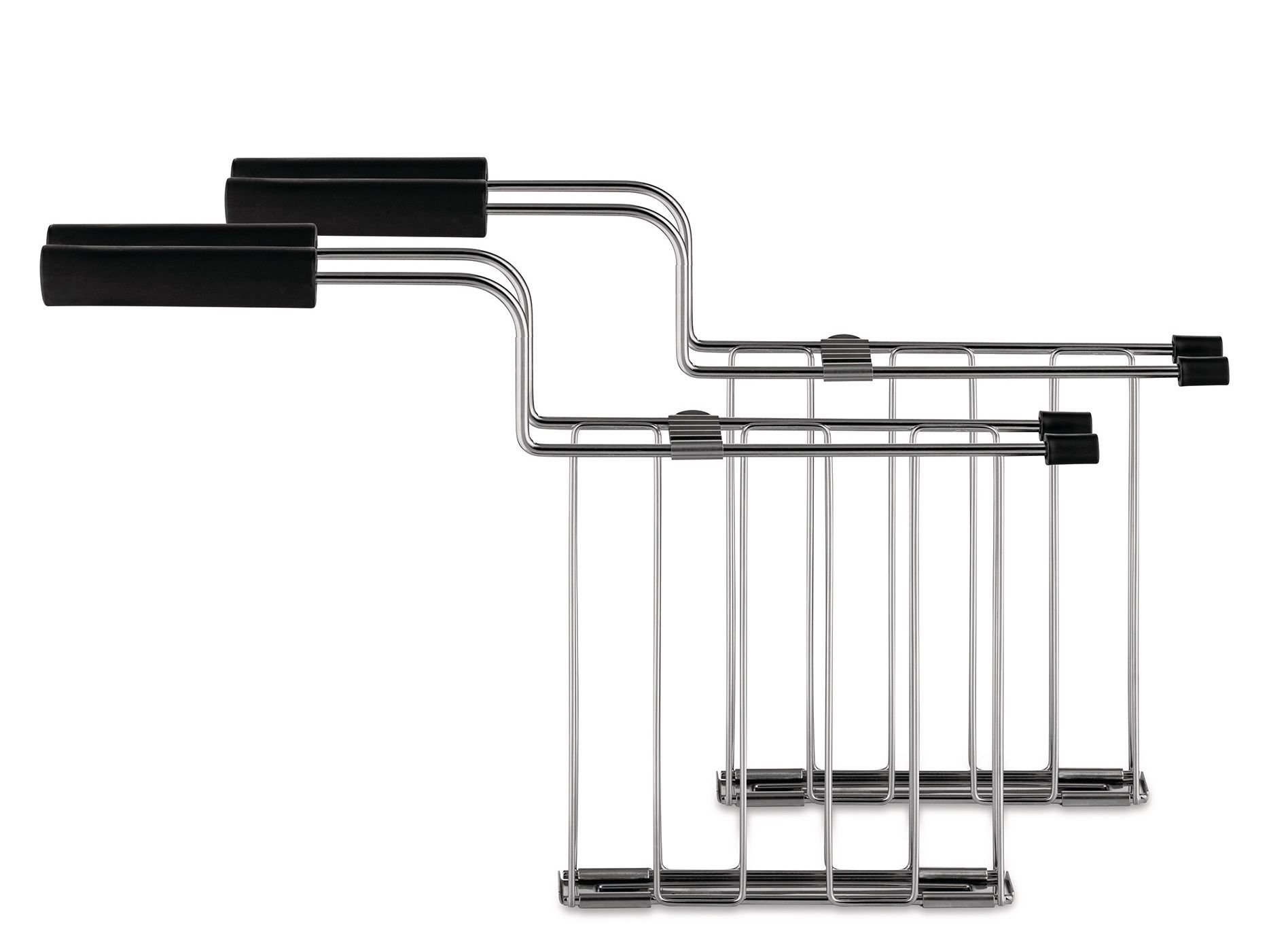 Zwei Alessi Toru Toasterzangen aus Edelstahl mit schwarzen Griffen für sicheres Entnehmen von Toast.