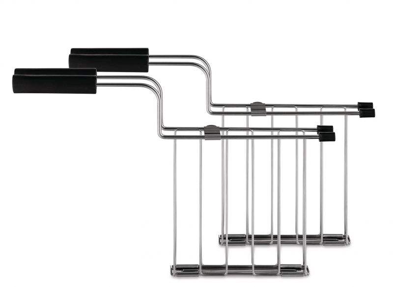 Zwei Alessi Toru Toasterzangen aus Edelstahl mit schwarzen Griffen für sicheres Entnehmen von Toast.