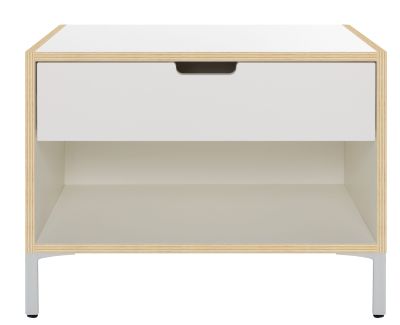Modular Nachttisch KORPUS WEISS, BIRKENSCHICHTHOLZKANTE, FRON WEISS LACKIERT AUF FÜßEN Müller Möbelwerkstätten EINZELSTÜCK