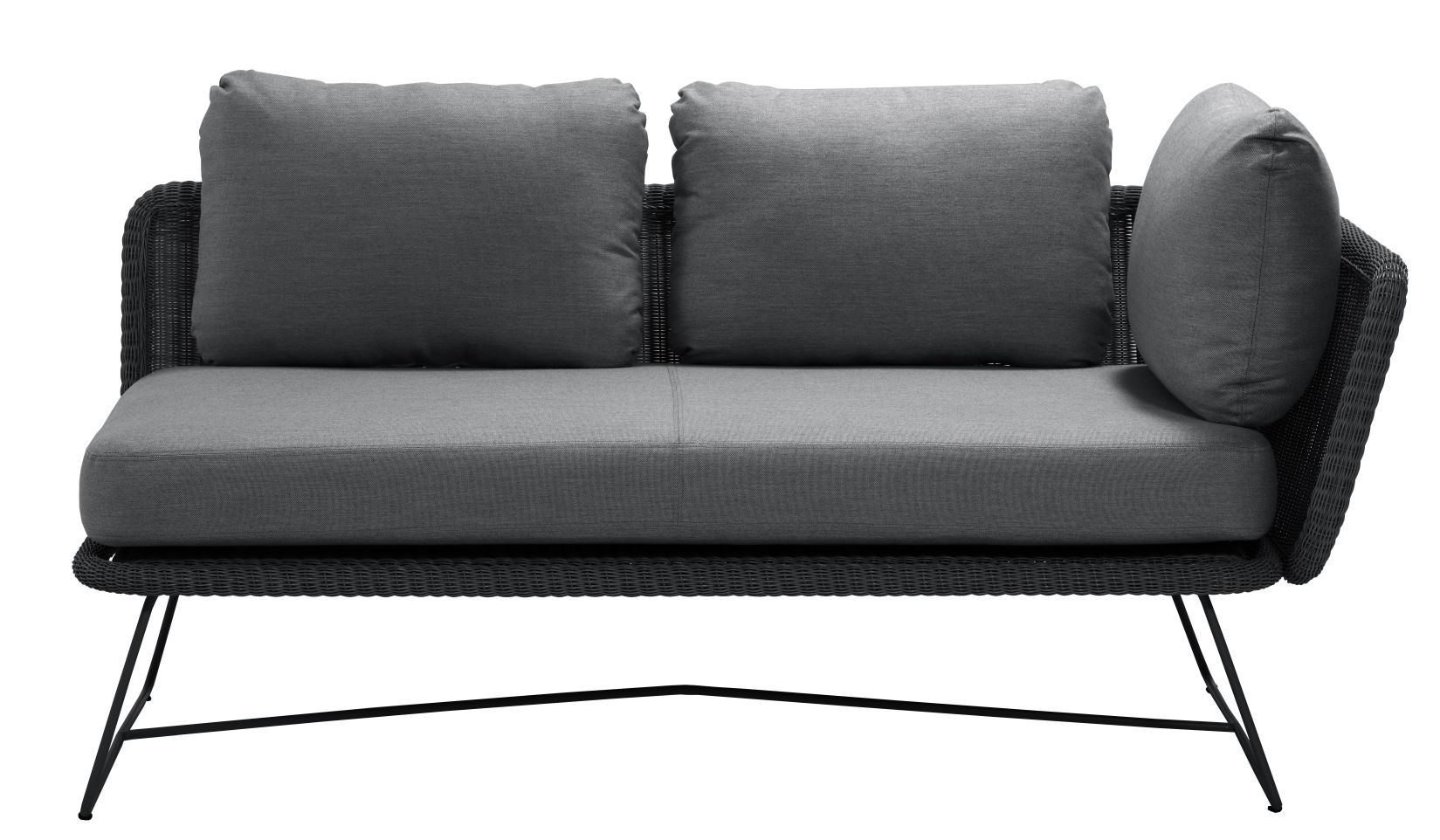 Horizon Outdoor 2-Sitzer Modulsofa: Cane-Line Sofa mit schwarzem Gestell und grauen Kissen.