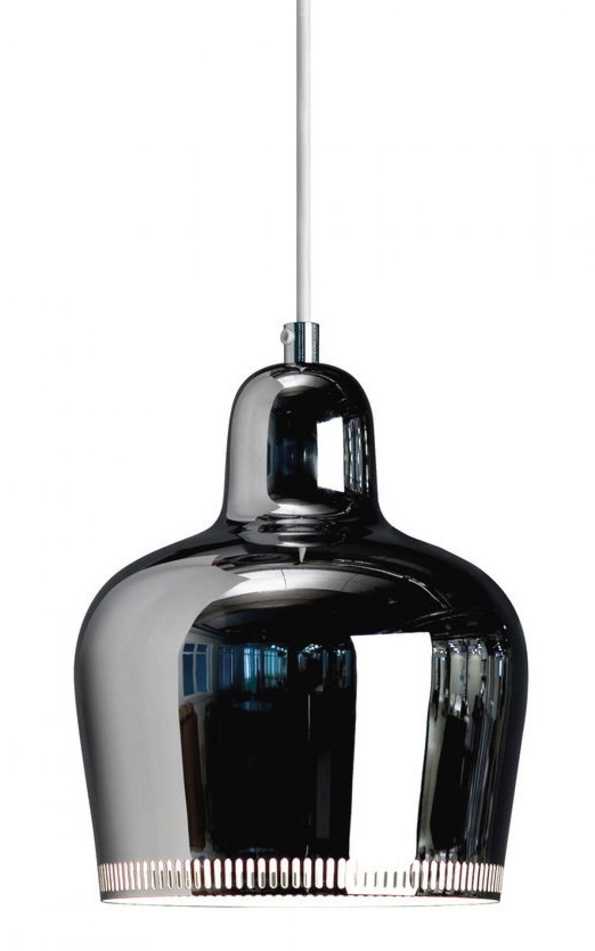 A330S Golden Bell Pendelleuchte von Artek in Chrom-Weiss. Moderne Hängelampe für Wohnräume.