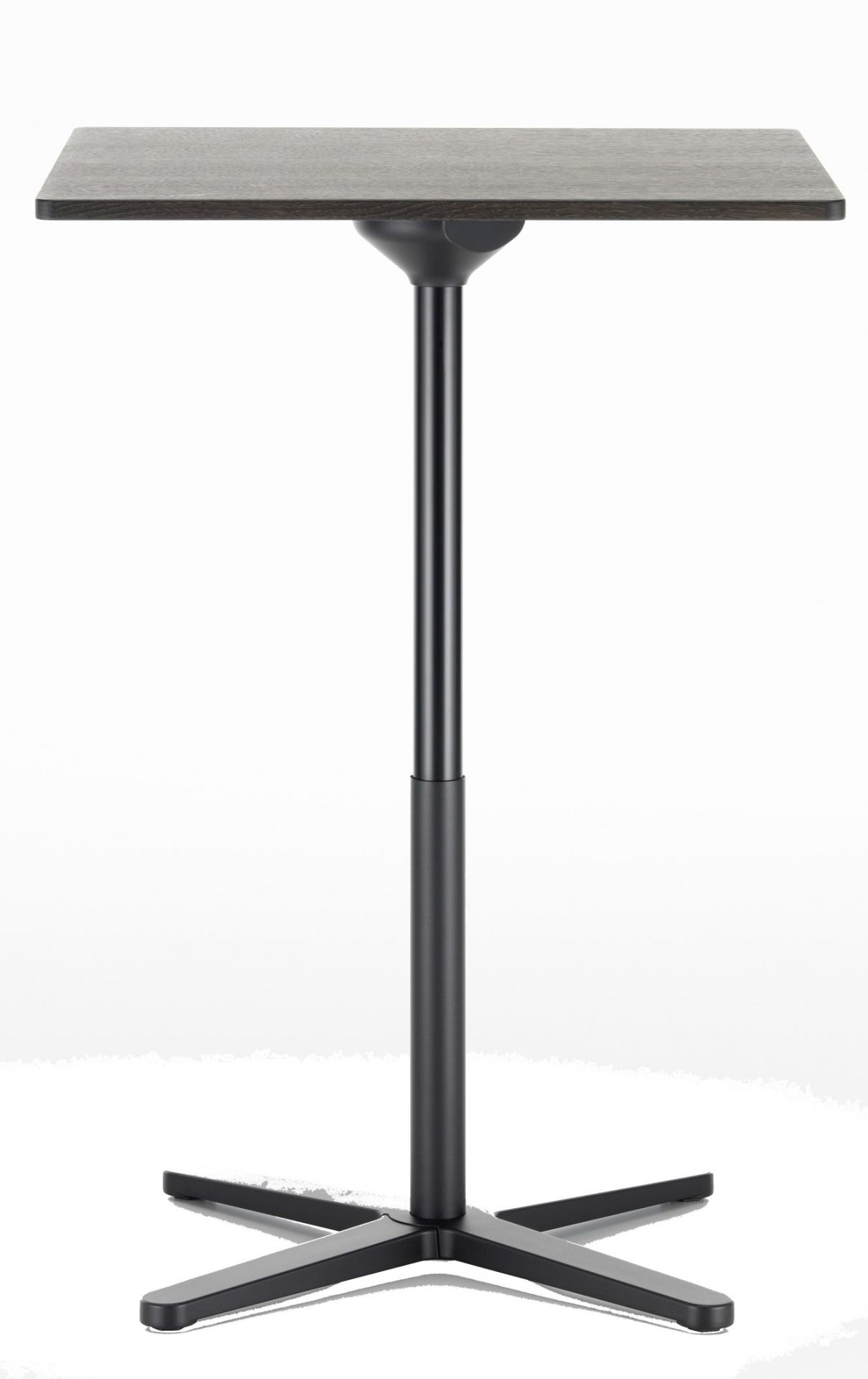 Quadratischer, faltbarer Stehtisch von Vitra, Modell Super Fold Table High, mit dunkler Tischplatte.