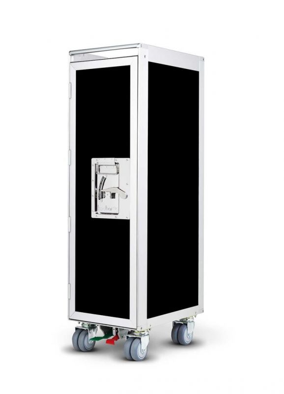 Schwarzer Flugzeugtrolley von Onecolor, eine stilvolle Bordbar mit Rollen und silberfarbenem Rahmen.
