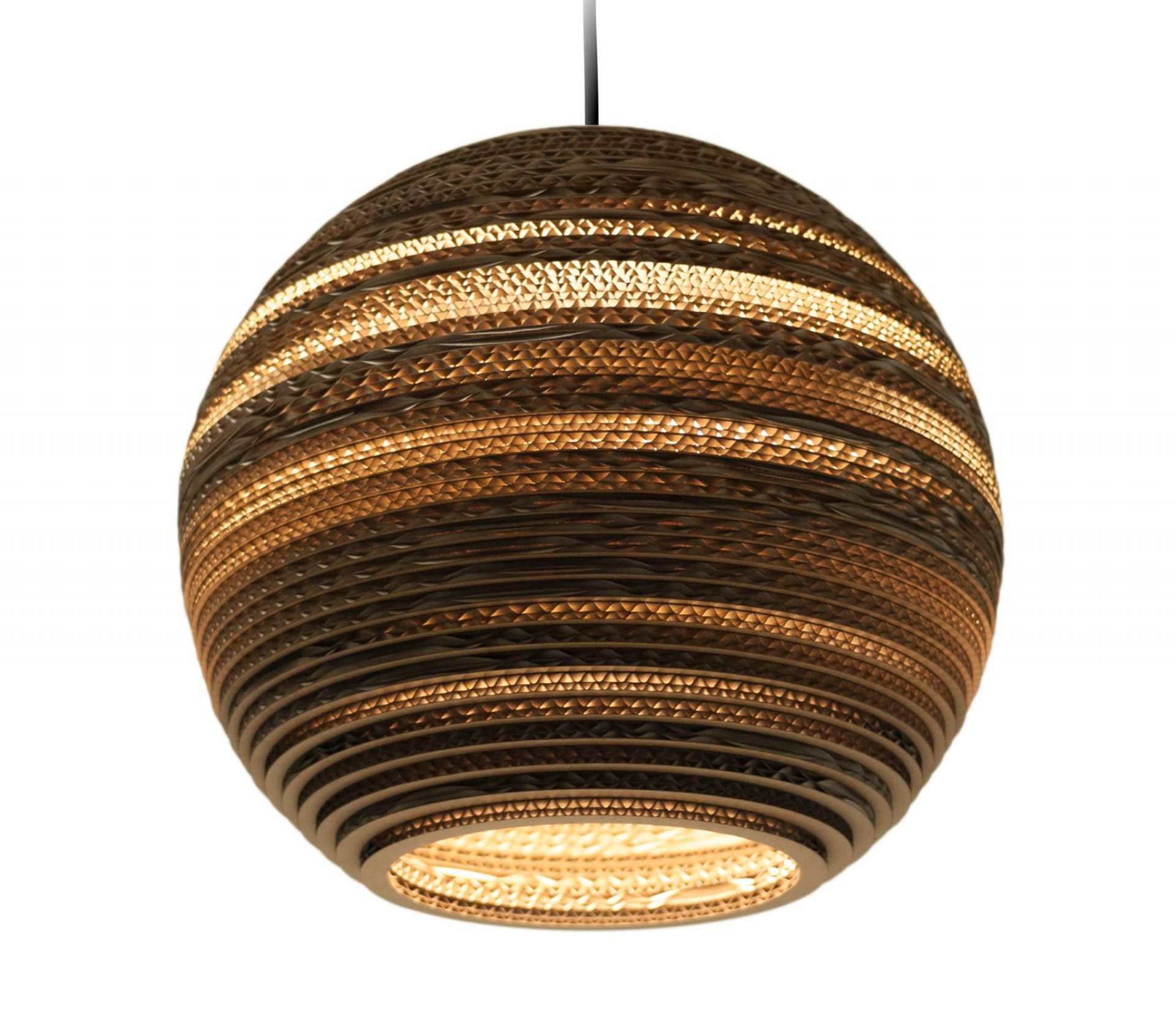 Moon14 Scraplights Hängeleuchte von Graypants: Runde Designlampe aus recycelter Pappe mit warmem Licht.