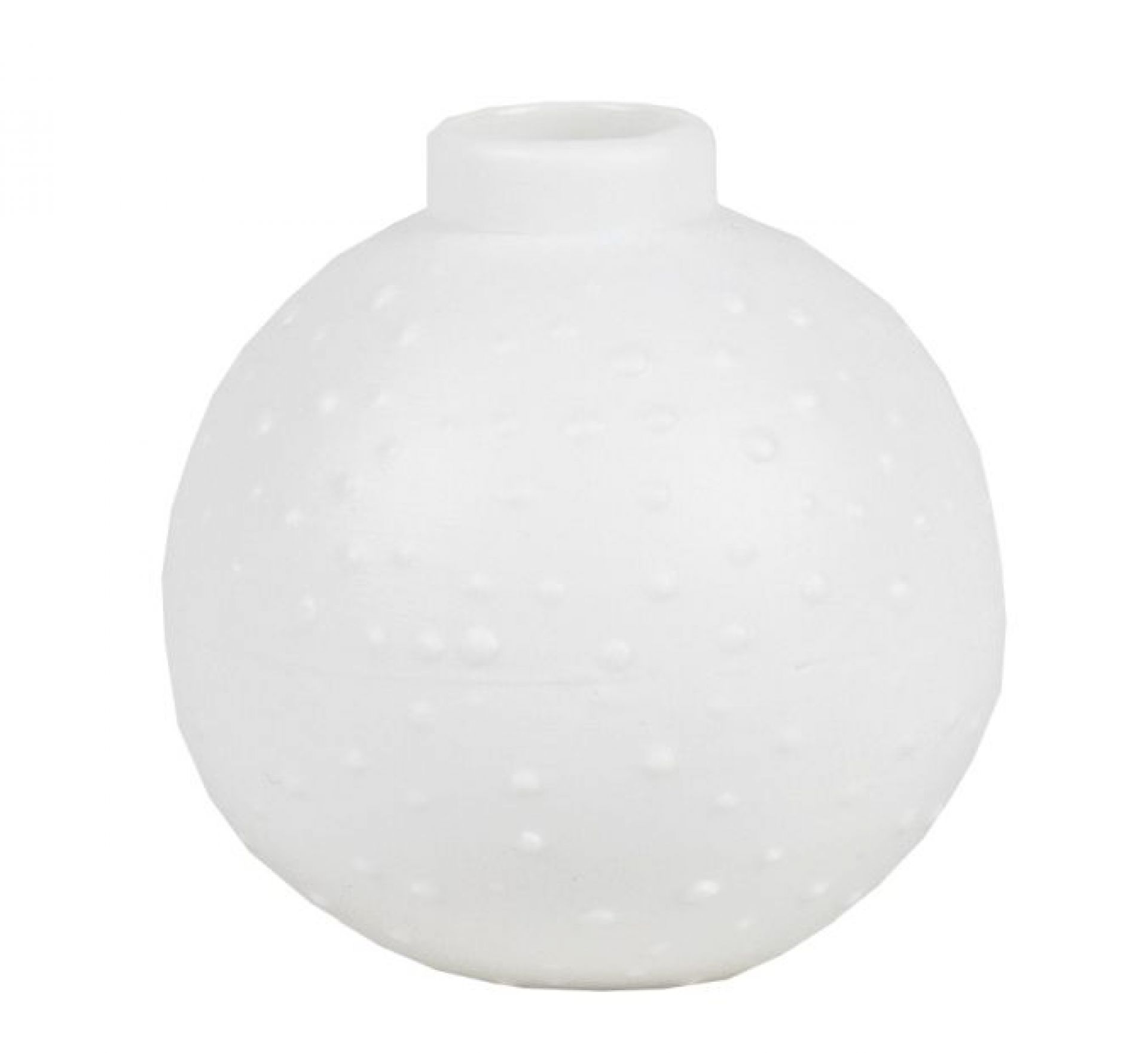 Weiße, kugelförmige Räder Vase aus dem Living Wunderkugel Vasenset mit feiner Punktstruktur.