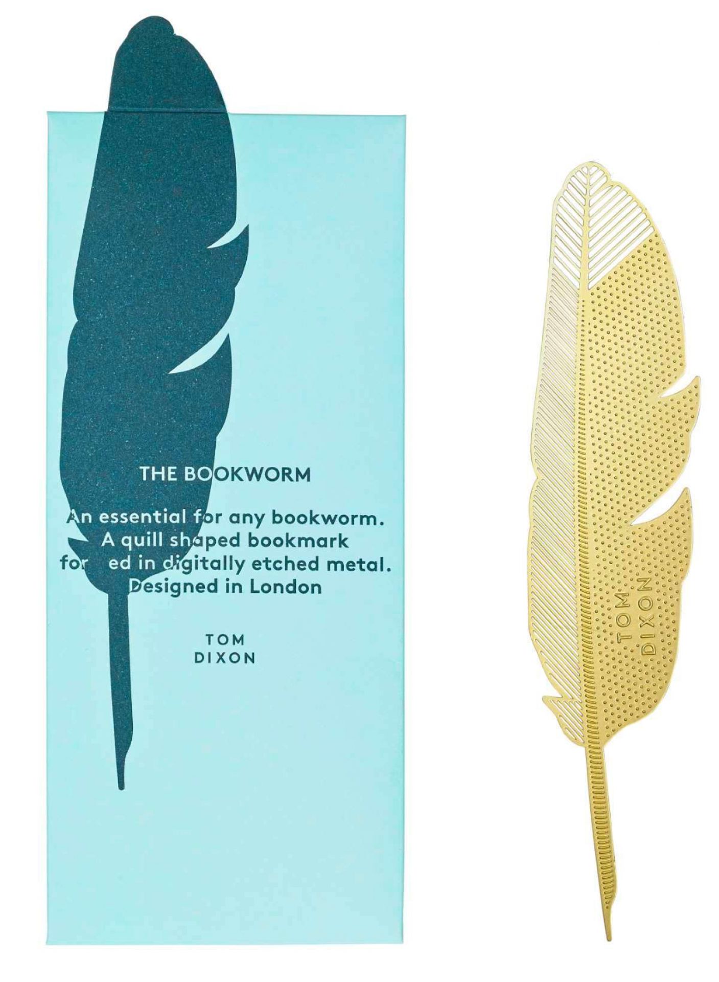 Tool the Bookworm Quill Lesezeichen von Tom Dixon, goldene Feder aus Metall mit filigranem Muster.