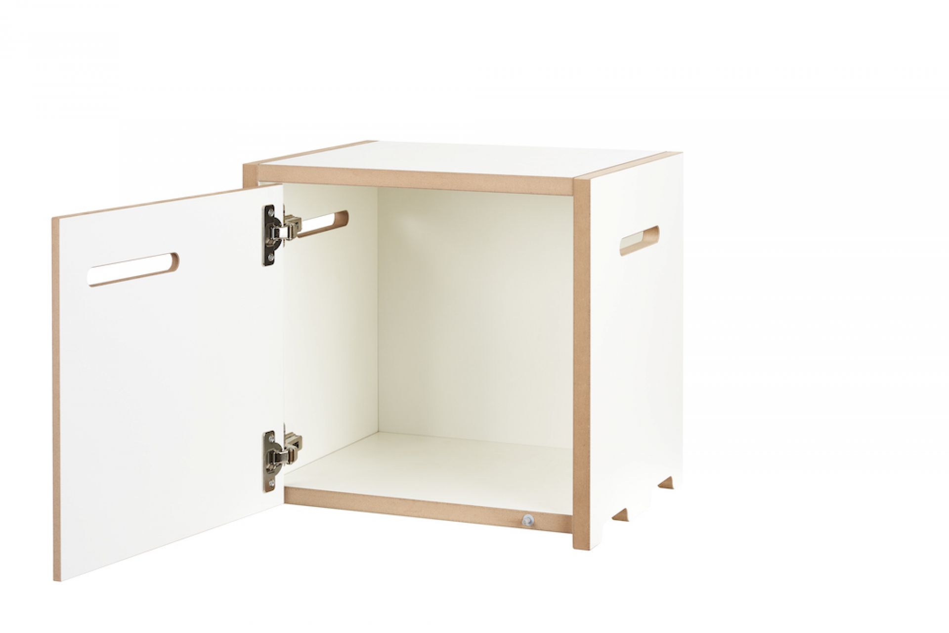 Tojo Halbstark Grundmodul mit Tür links, weißes Regal mit offener Tür für Stauraum.