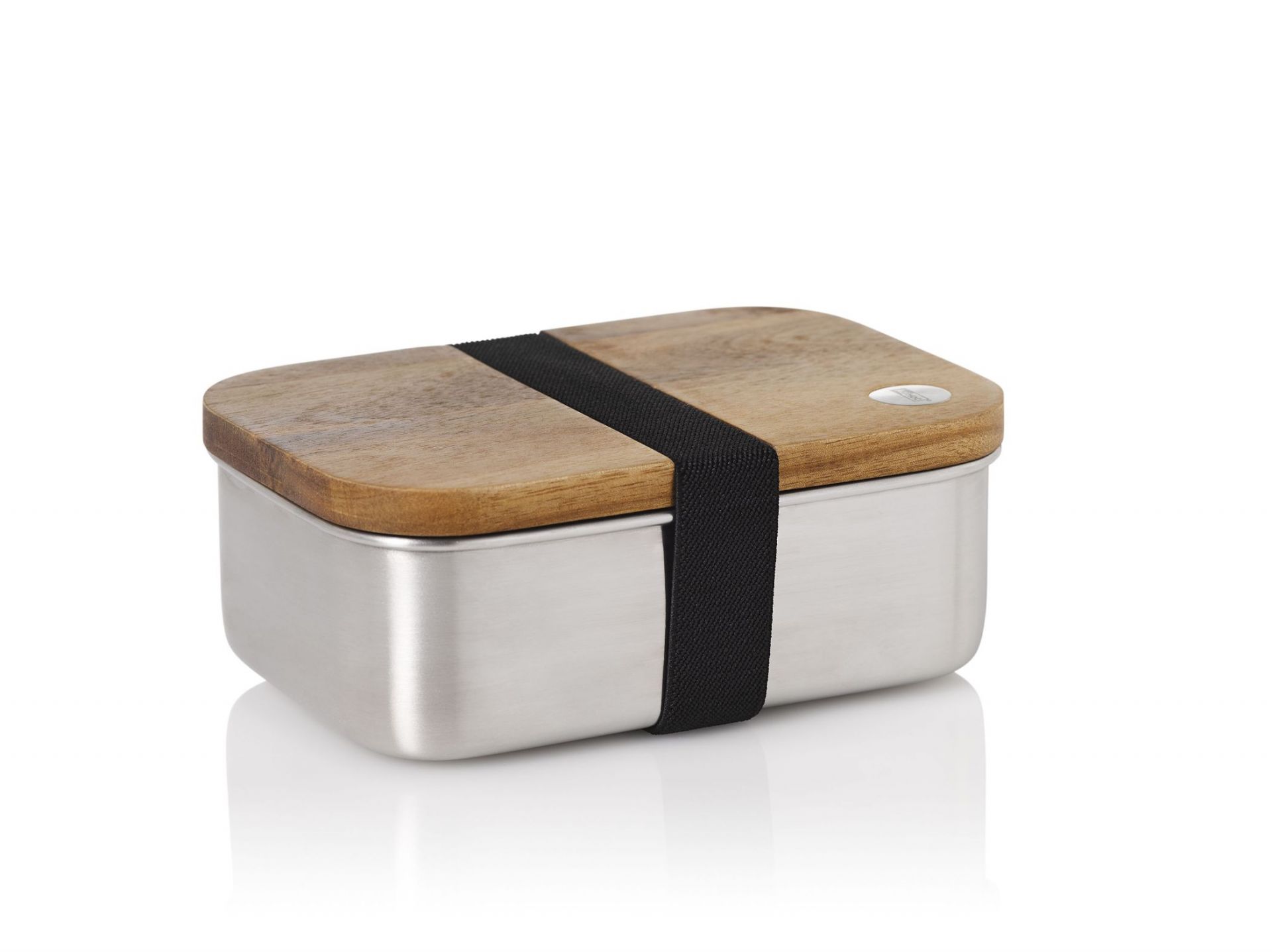 Lunchbox Cotto: Edelstahl Brotdose mit Holzdeckel und schwarzem Gummiband für unterwegs.