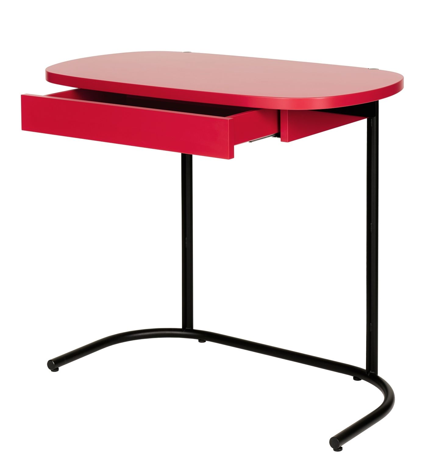 Roter Schönbuch Tori Sekretär Schreibtisch mit offener Schublade und schwarzem Metallgestell.