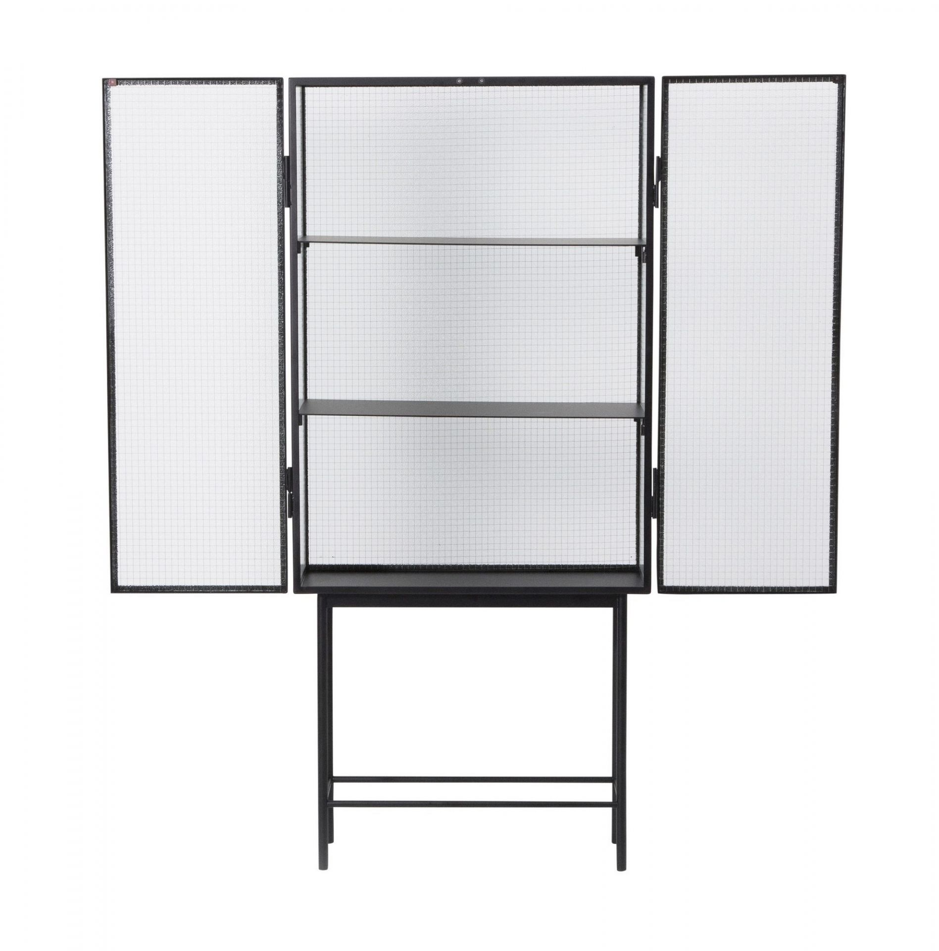 Offene, schwarze Haze Vitrine von Ferm Living mit Drahtglas und zwei Regalböden.