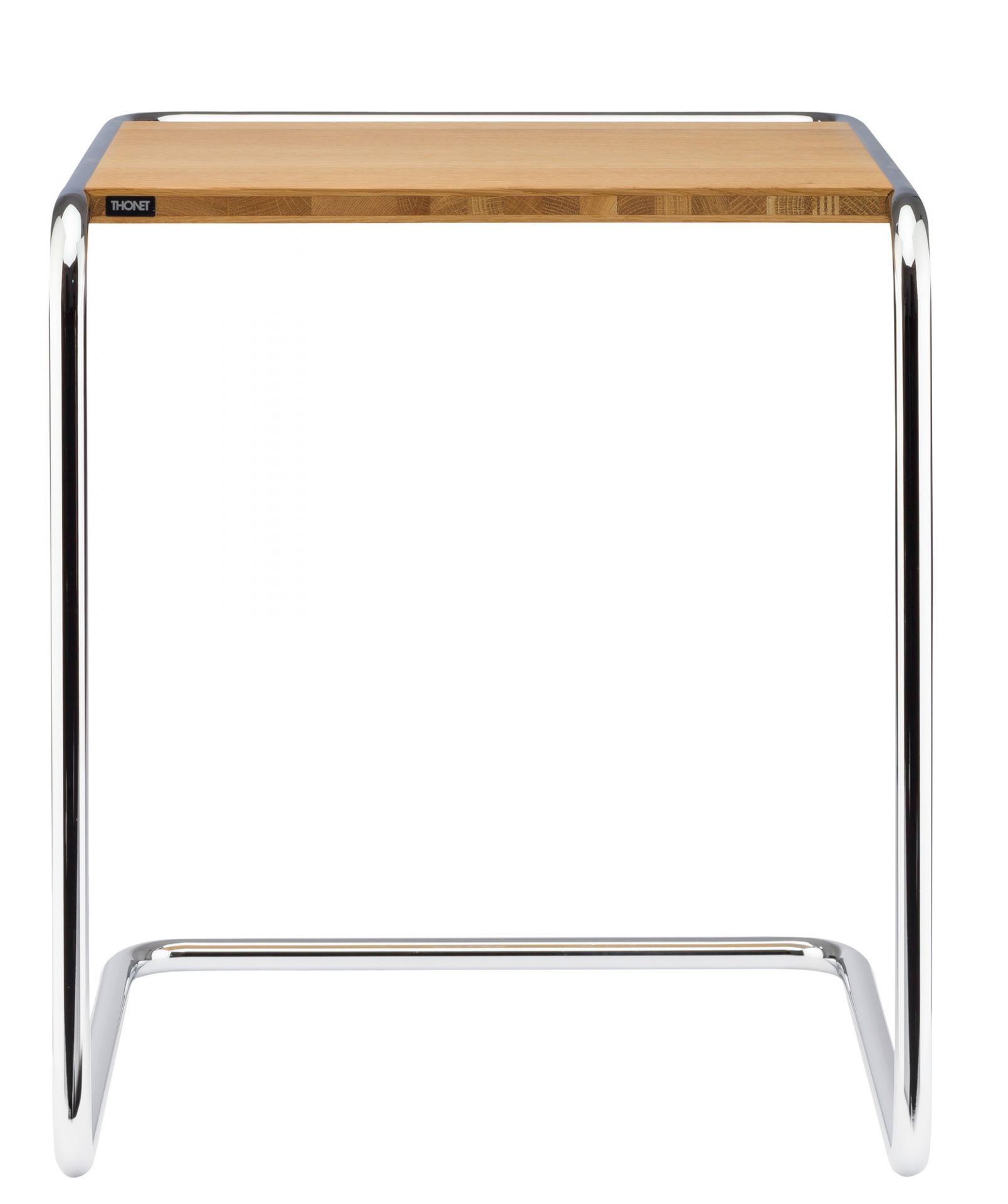B97 Thonet Beistelltisch mit Holzplatte und verchromtem Stahlrohrgestell, modernes Design.