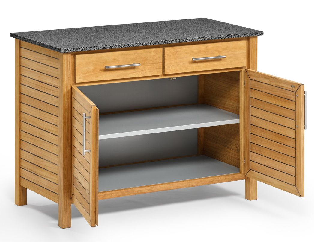 Weishäupl Deck Pflanzboard: Outdoor-Element mit zwei Schubladen, zwei offenen Türen und Steinplatte.