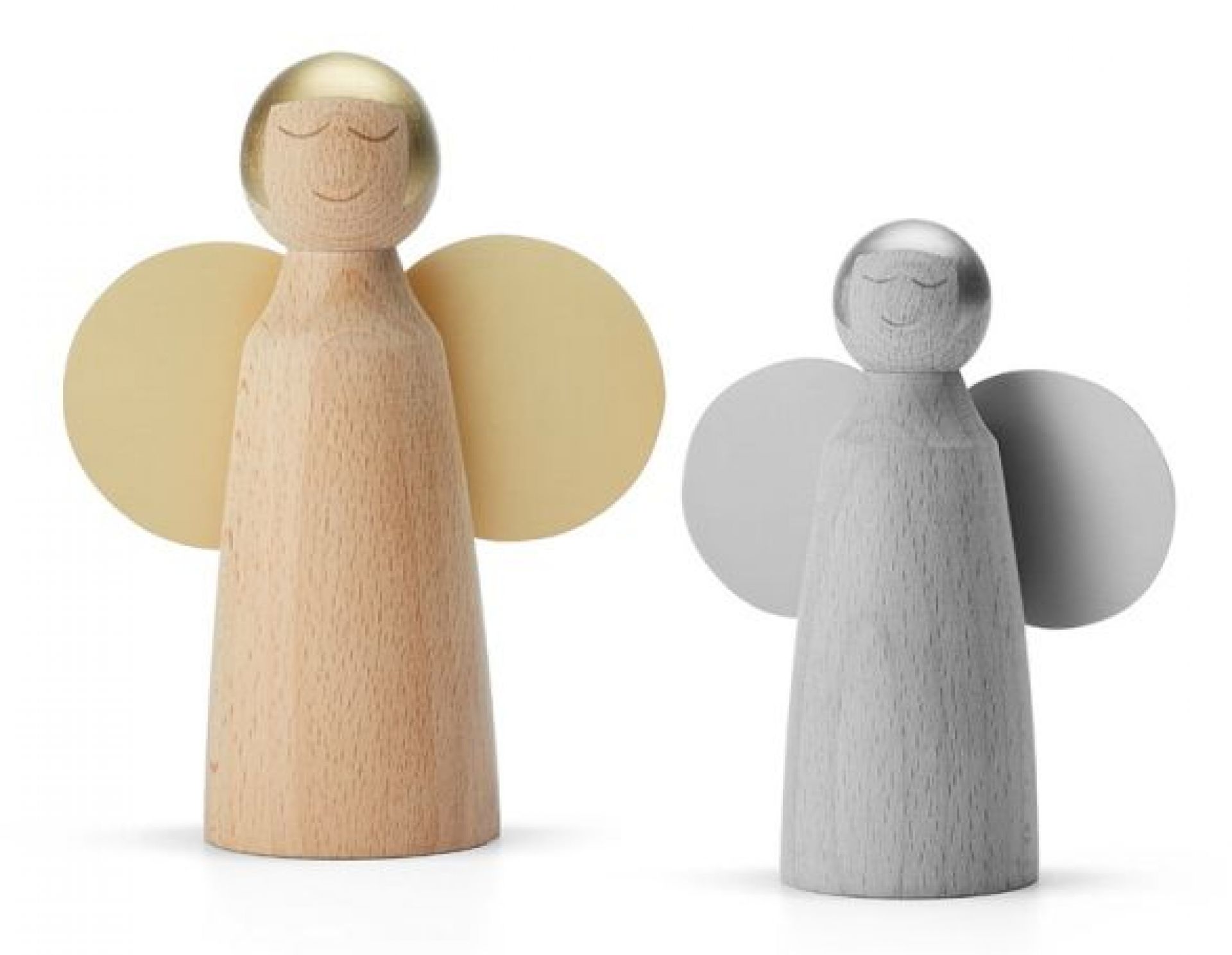 Zwei Holzengel Larissa von Philippi, Weihnachtsdeko, goldener und grauer Engel mit Flügeln.