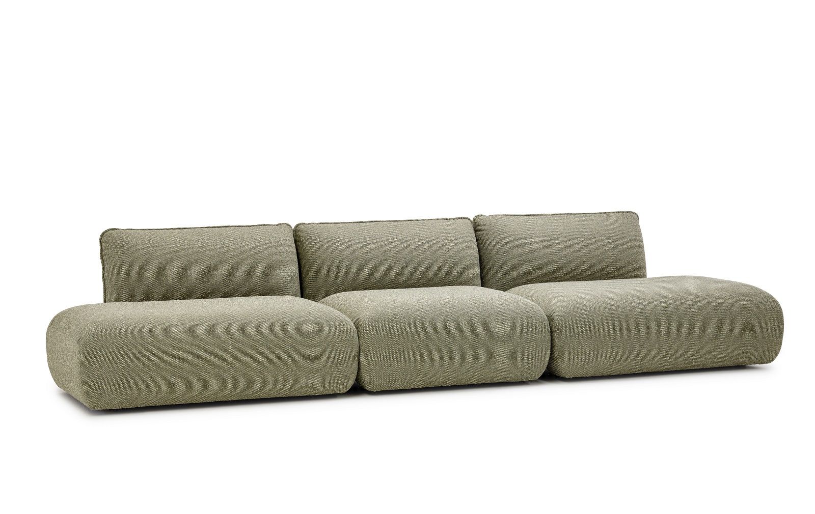 Mia Modulares Sofa von Freifrau, Kombinationsvorschlag 2: Dreisitzer in olivgrünem Stoff, modernes Design.