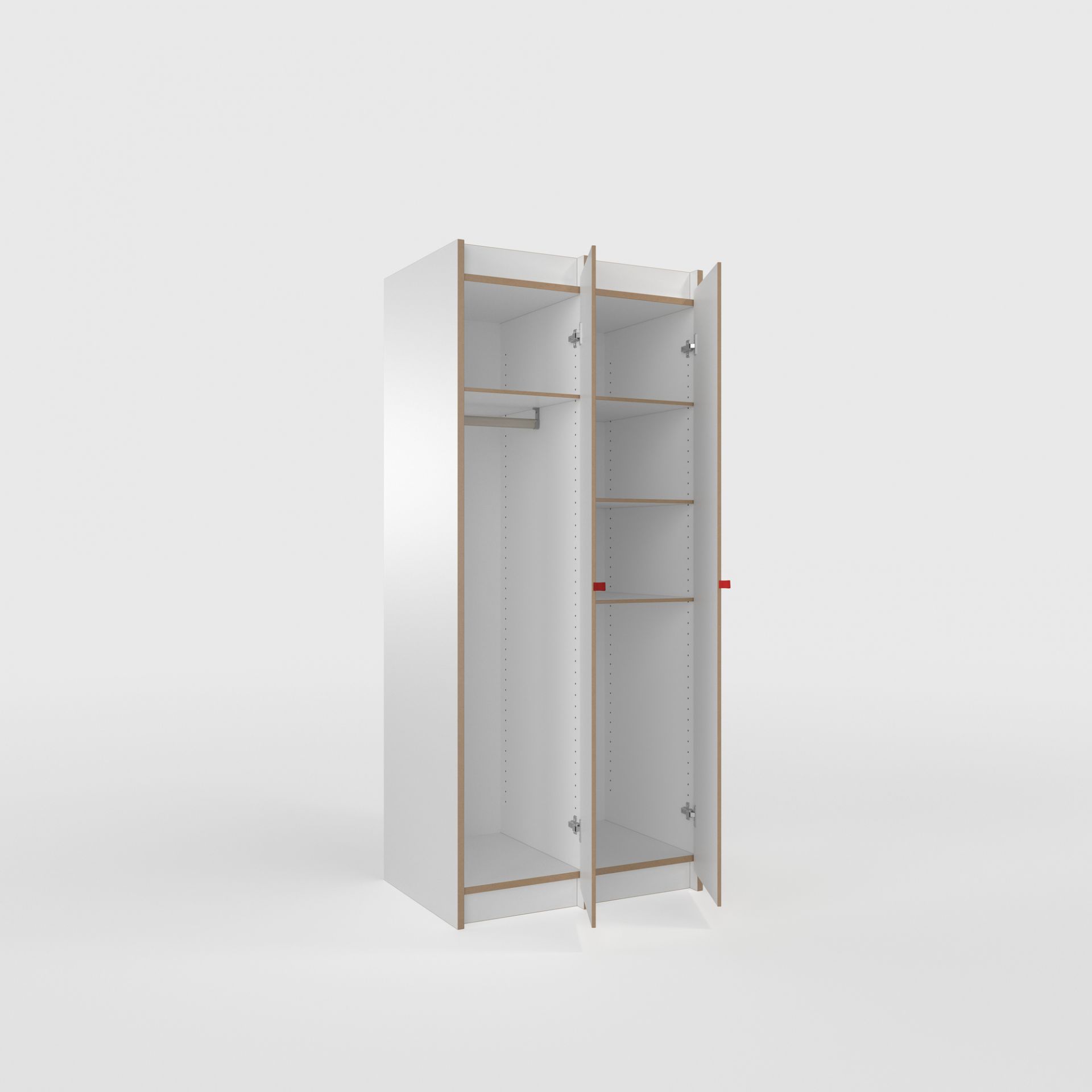 Tojo Steh Schrank Grundmodul: Weißer Kleiderschrank mit offenen Türen, Regalböden und Kleiderstange.
