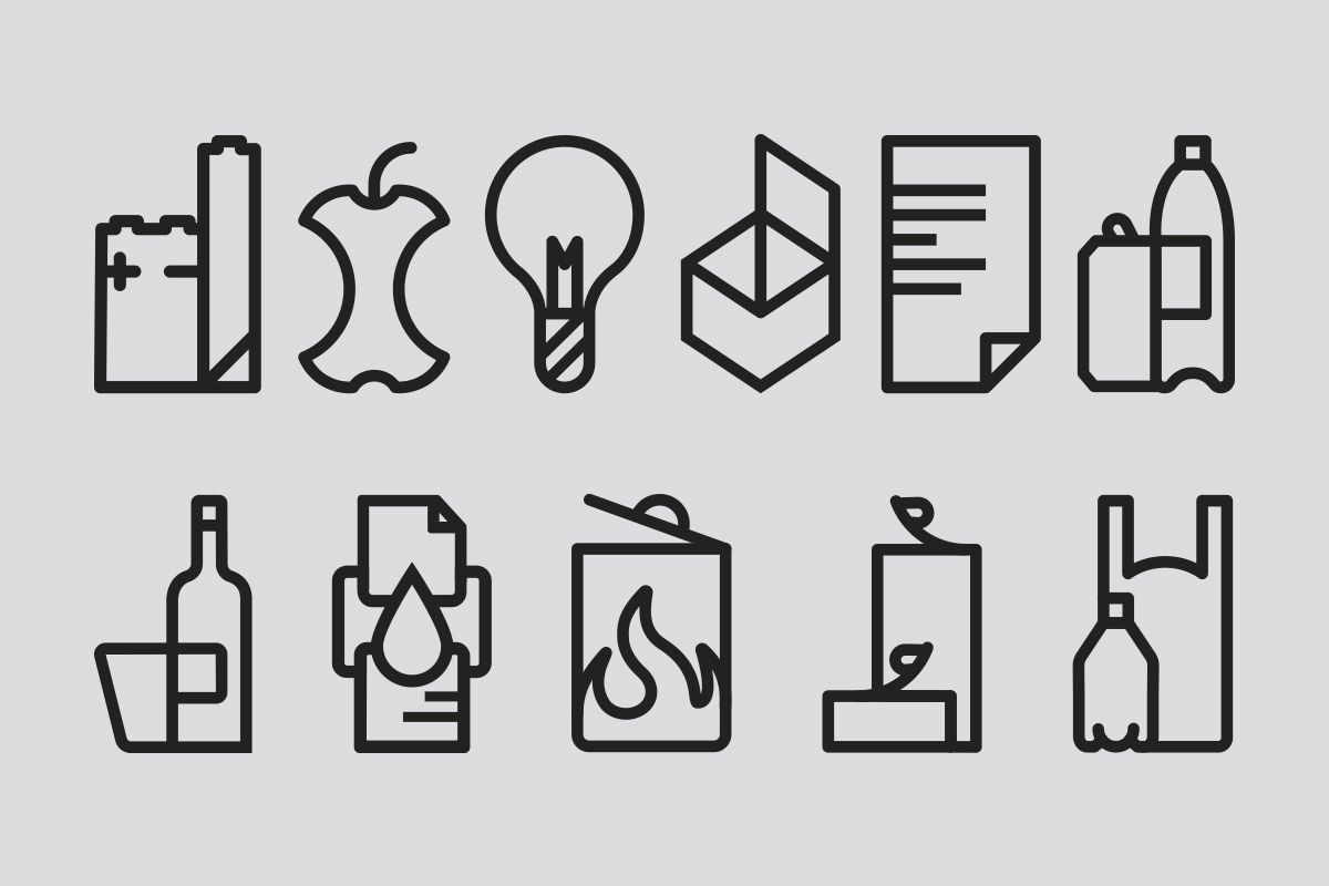 Mizetto QUICK SHIP: Icons für Mülltrennung nach Batterie, Biomüll, Glühbirne, Papier, Plastik und mehr.