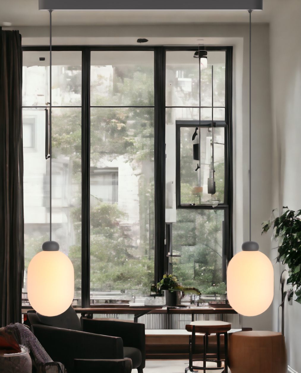 Sun Duo Pendelleuchte in Grau: Zwei moderne Hängelampen mit ovalen, leuchtenden Glasschirmen im Wohnzimmer.