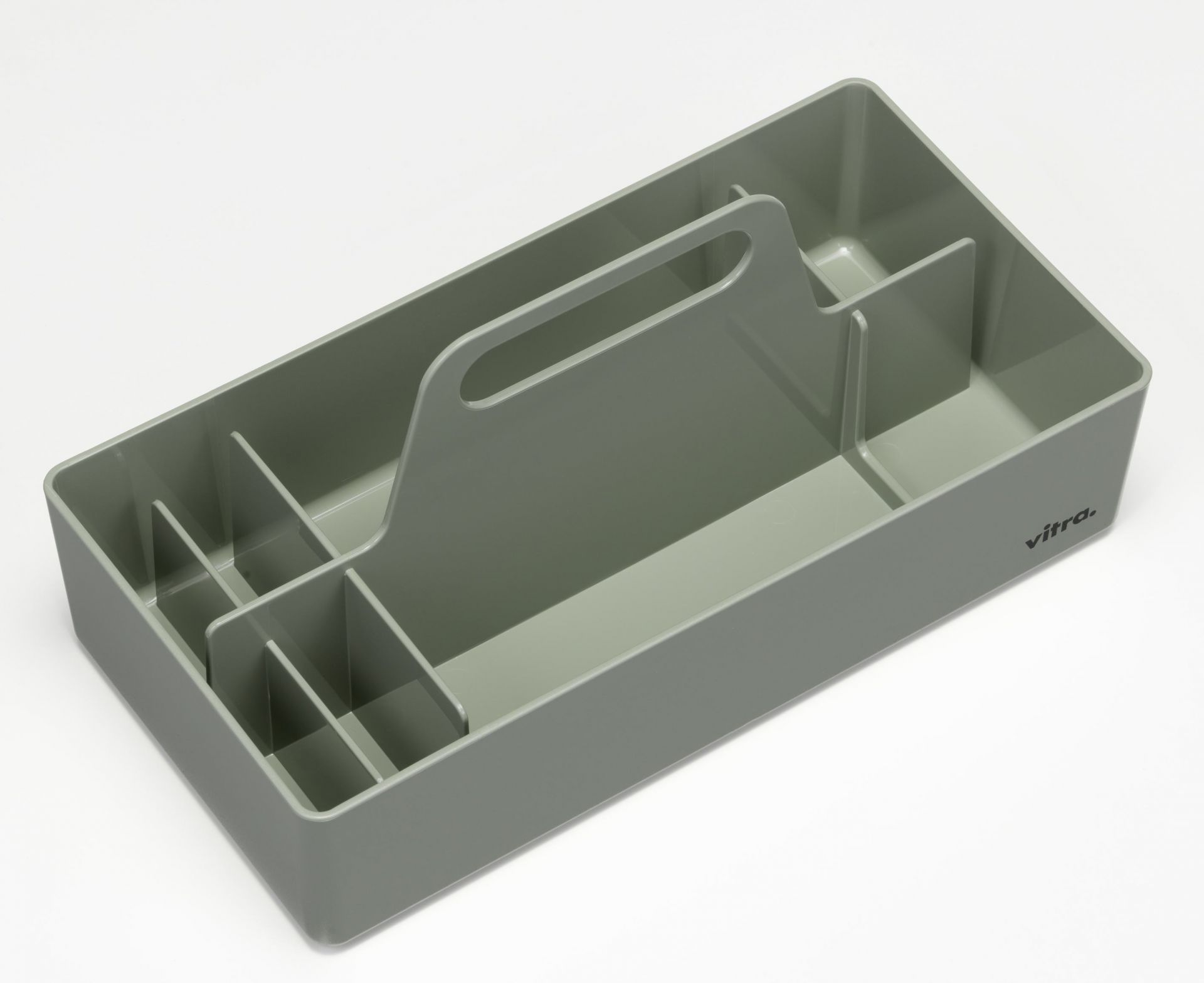 Vitra Toolbox RE, moosgraue Aufbewahrungsbox mit Fächern und Griff, ideal zur Organisation von Büroartikeln.